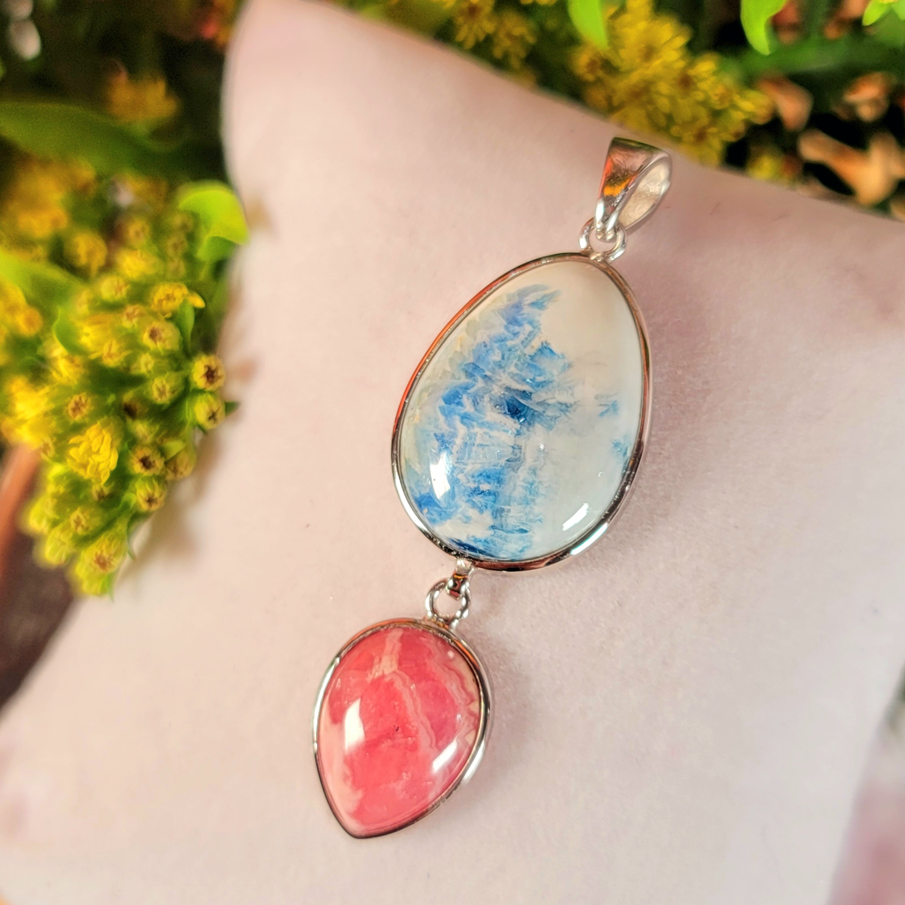 Blue Scheelite x Rhodochrosite Pendant .925 Silver for Peace of Mind and Sleep