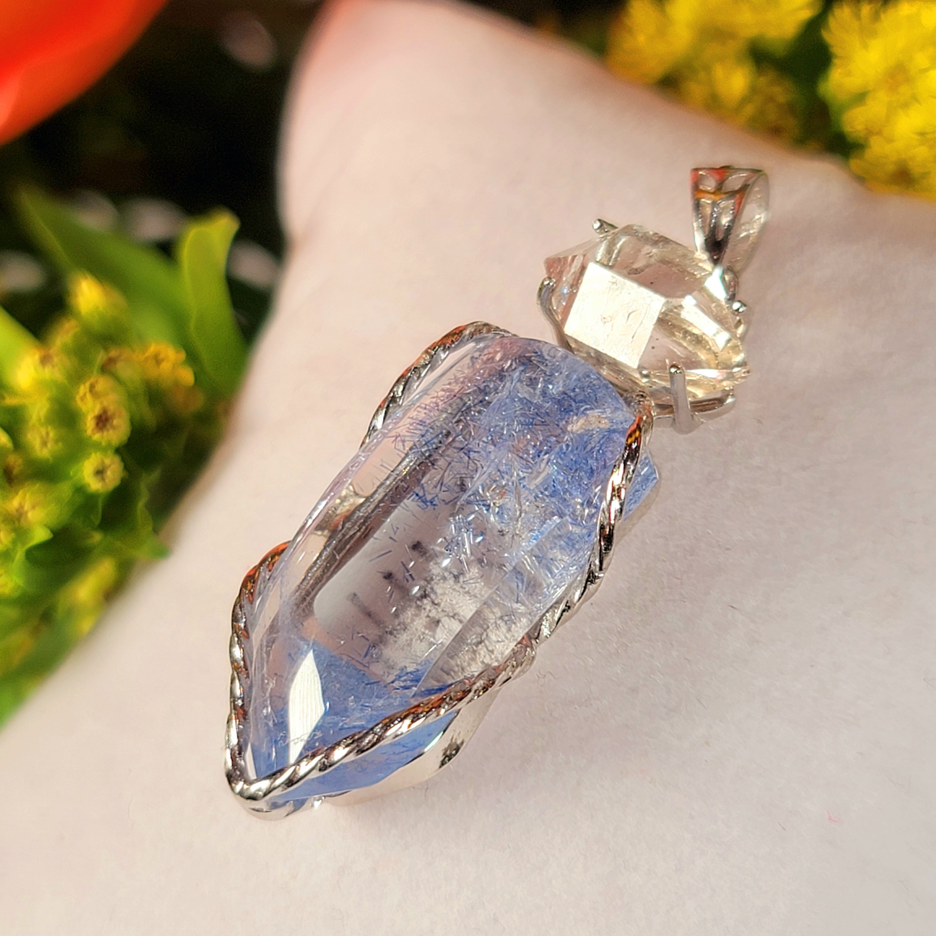 Dumortierite in Quartz x Herkimer Diamond Pendant .925 Silver for Hope, Improving Memory and New Ideas