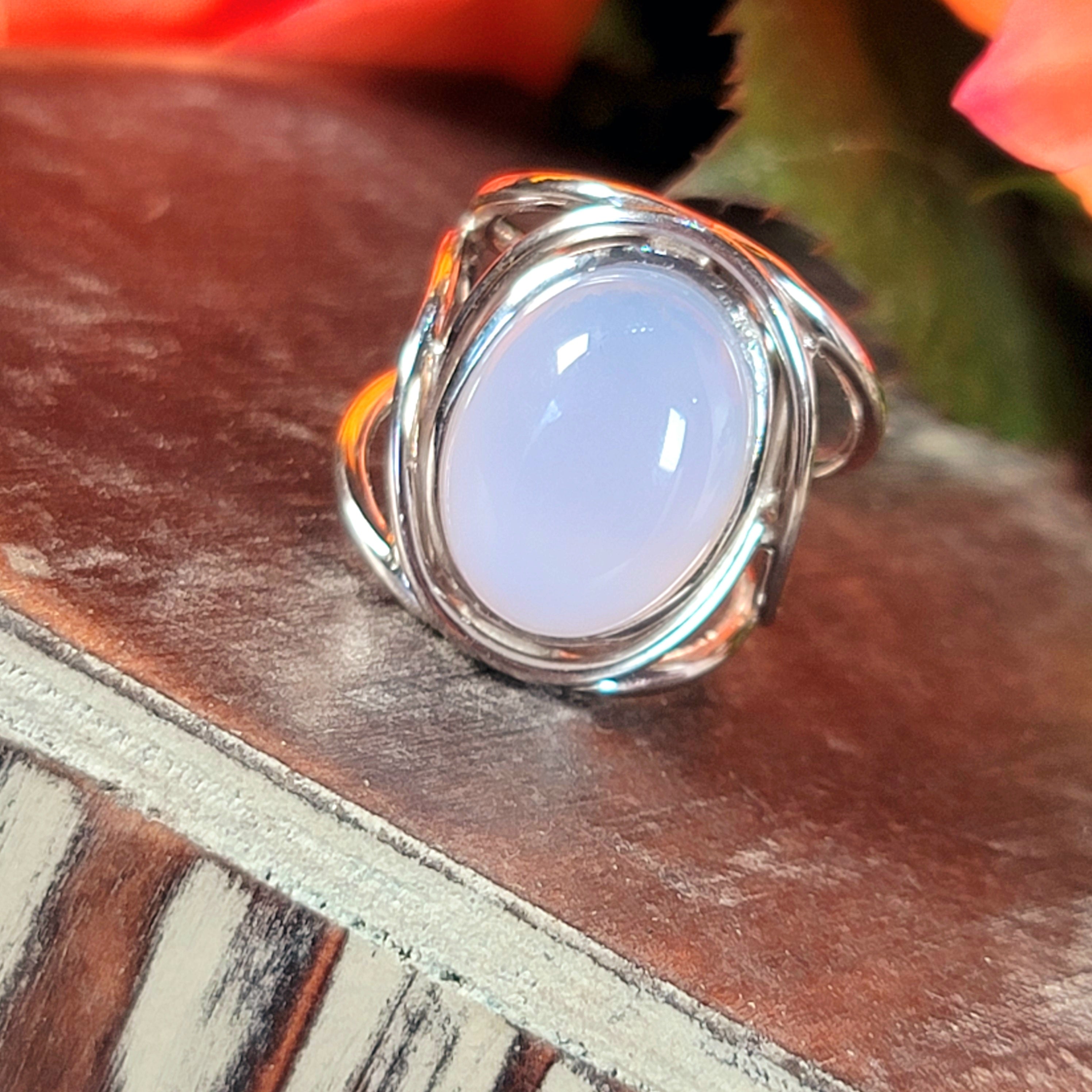 Blue Chalcedony Finger Cuff Adjustable Ring .925 Silver for Soothing the Body, Mind and Spirit