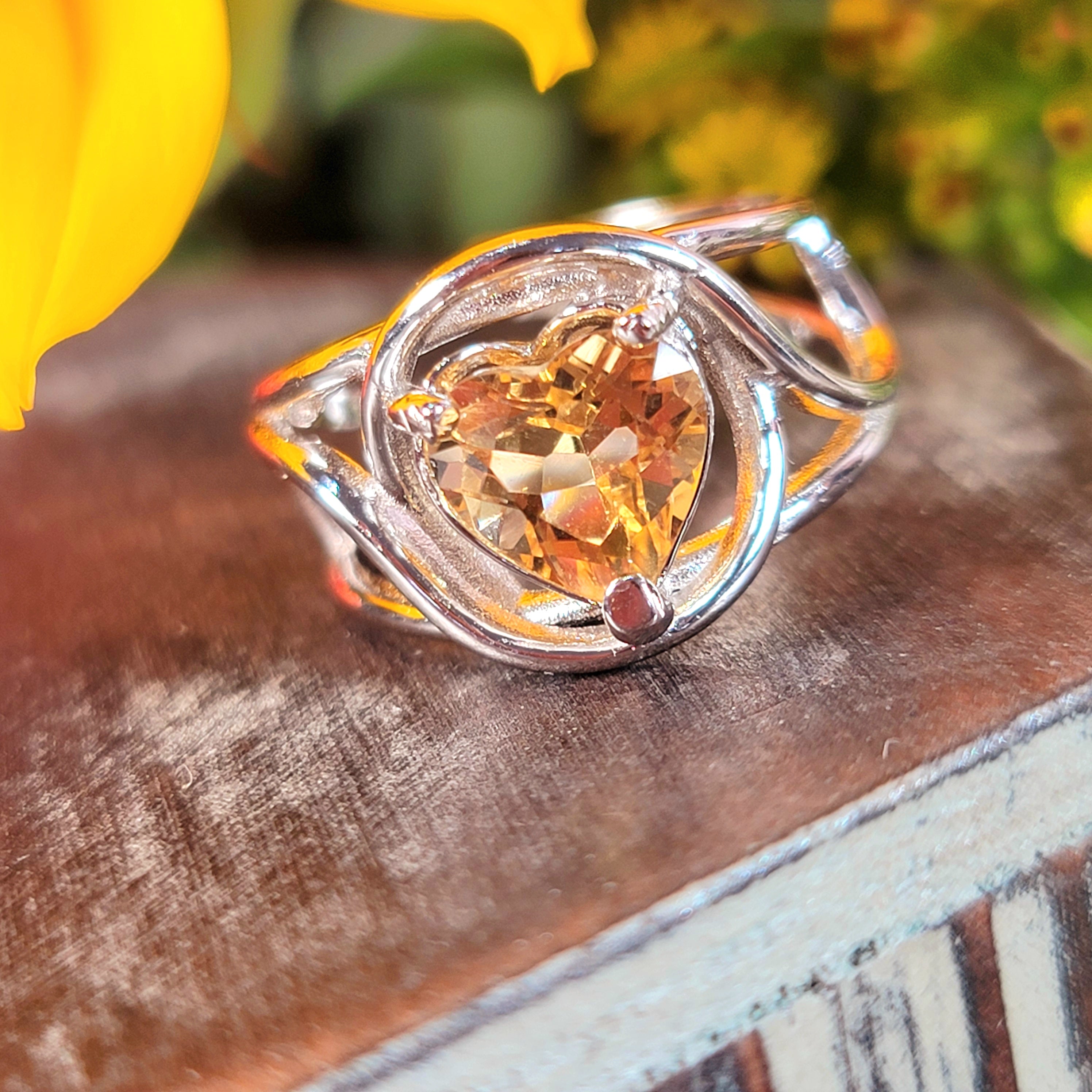 Citrine Heart Adjustable Finger Cuff Ring .925 Silver for Abundance, Good Luck and Positivity