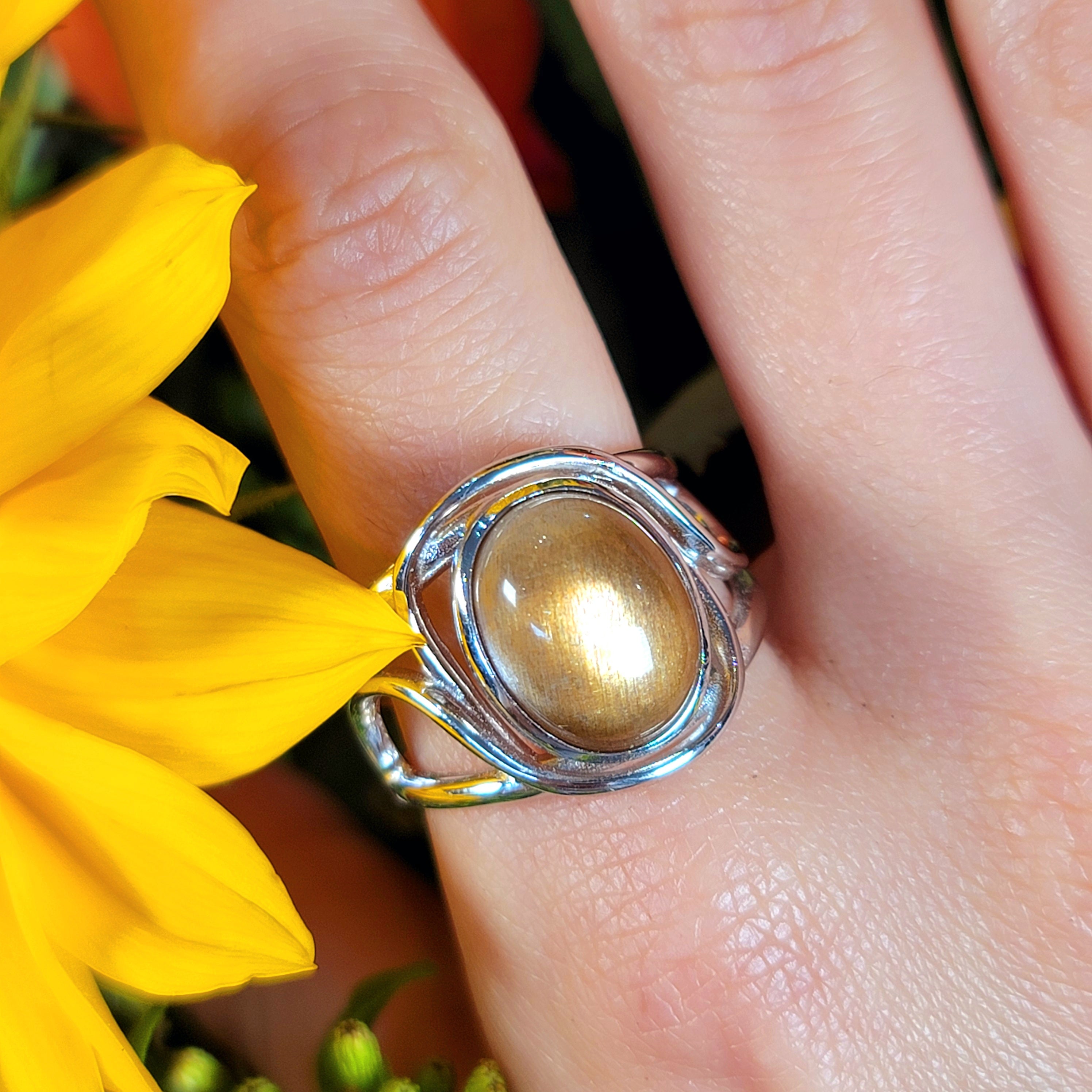 Black Moonstone with Sunstone Adjustable Finger Bracelet .925 Silver for Creation, Divine Feminine, & Manifestation