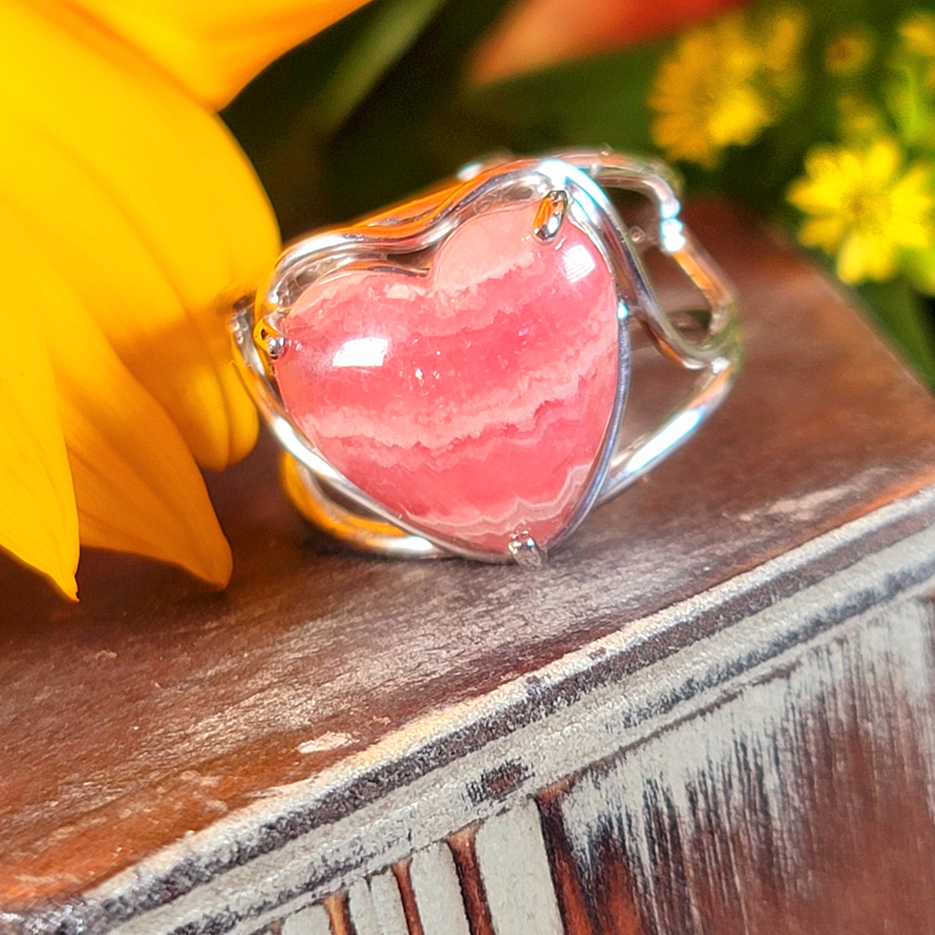 Rhodochrosite Heart Adjustable Finger Bracelet .925 Silver for Emotional and Trauma Healing