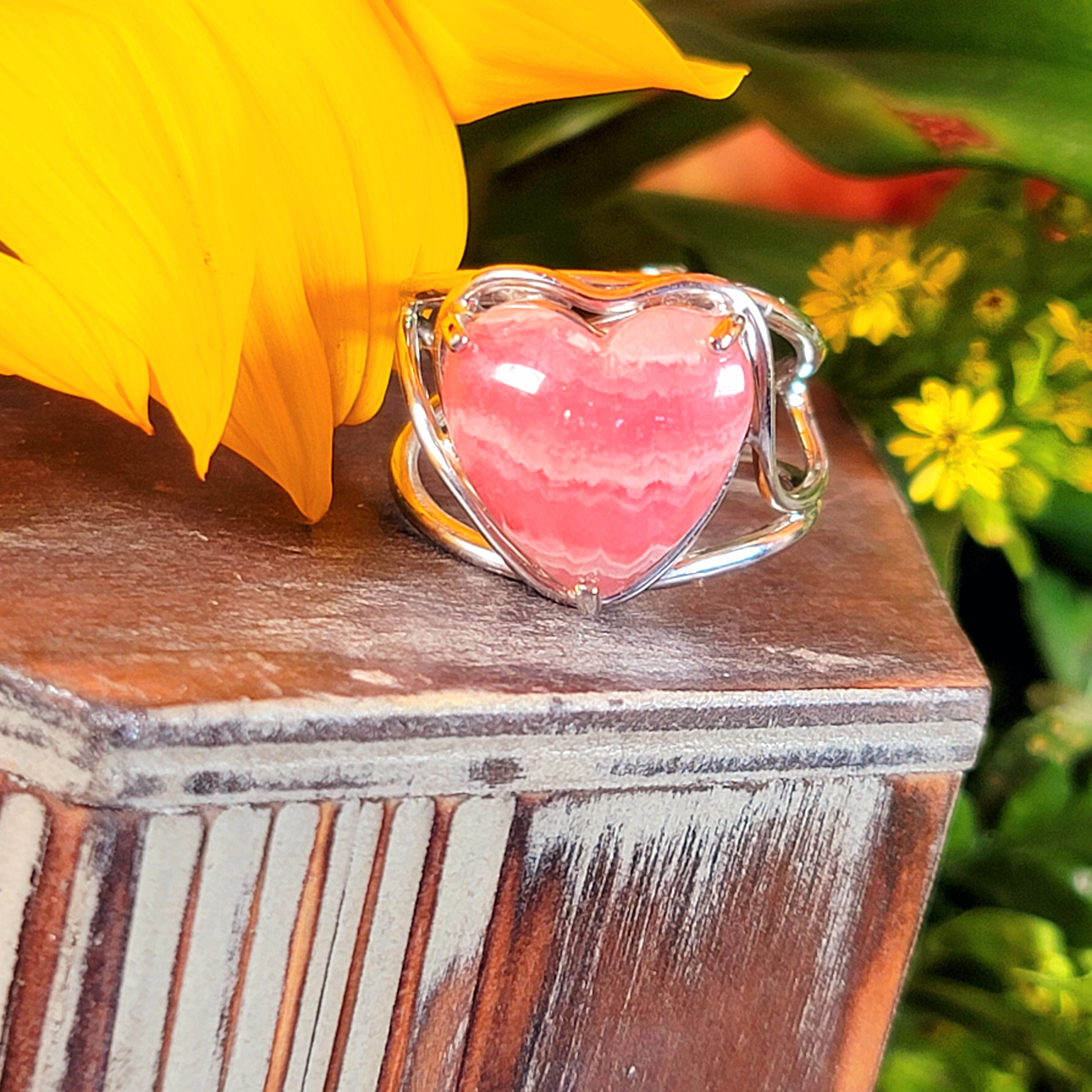 Rhodochrosite Heart Adjustable Finger Bracelet .925 Silver for Emotional and Trauma Healing