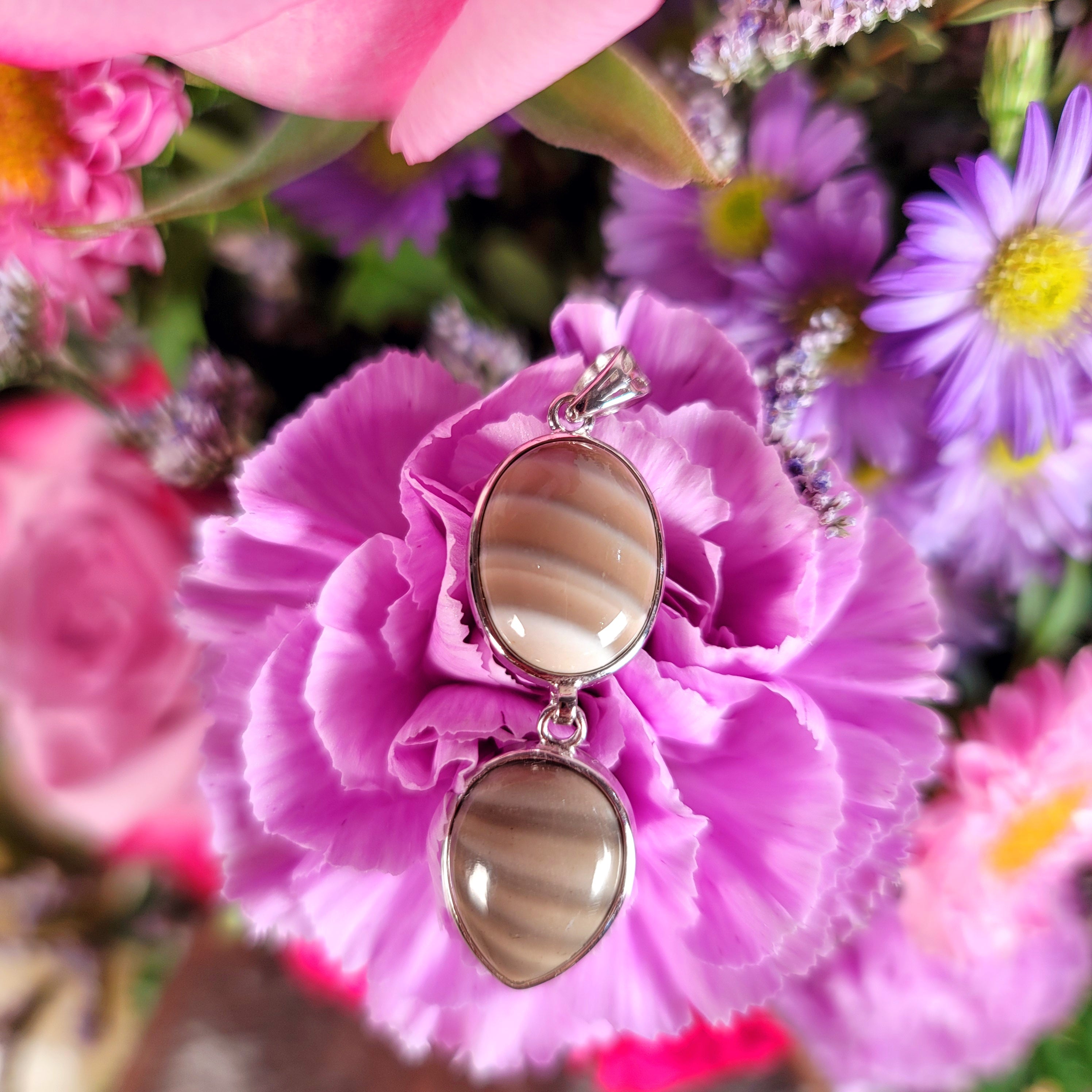 Polish Striped Flint Pendant .925 Silver for Powerful Protection Against Negative Energy