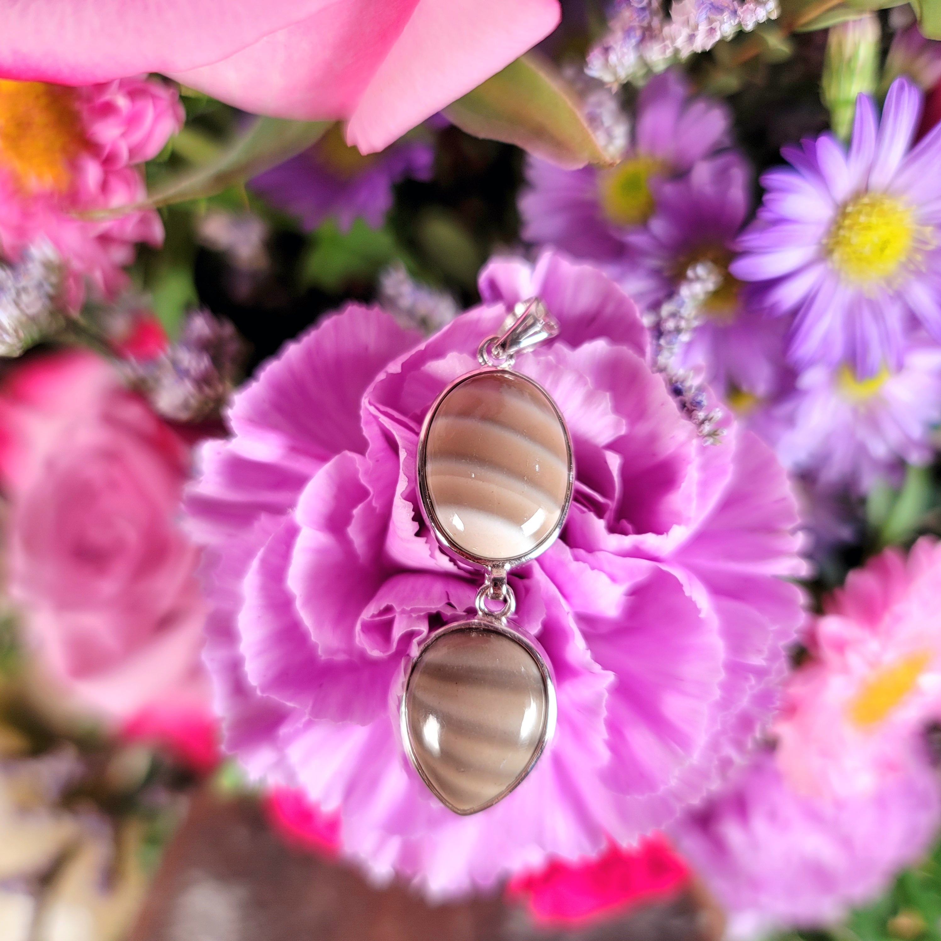 Polish Striped Flint Pendant .925 Silver for Powerful Protection Against Negative Energy