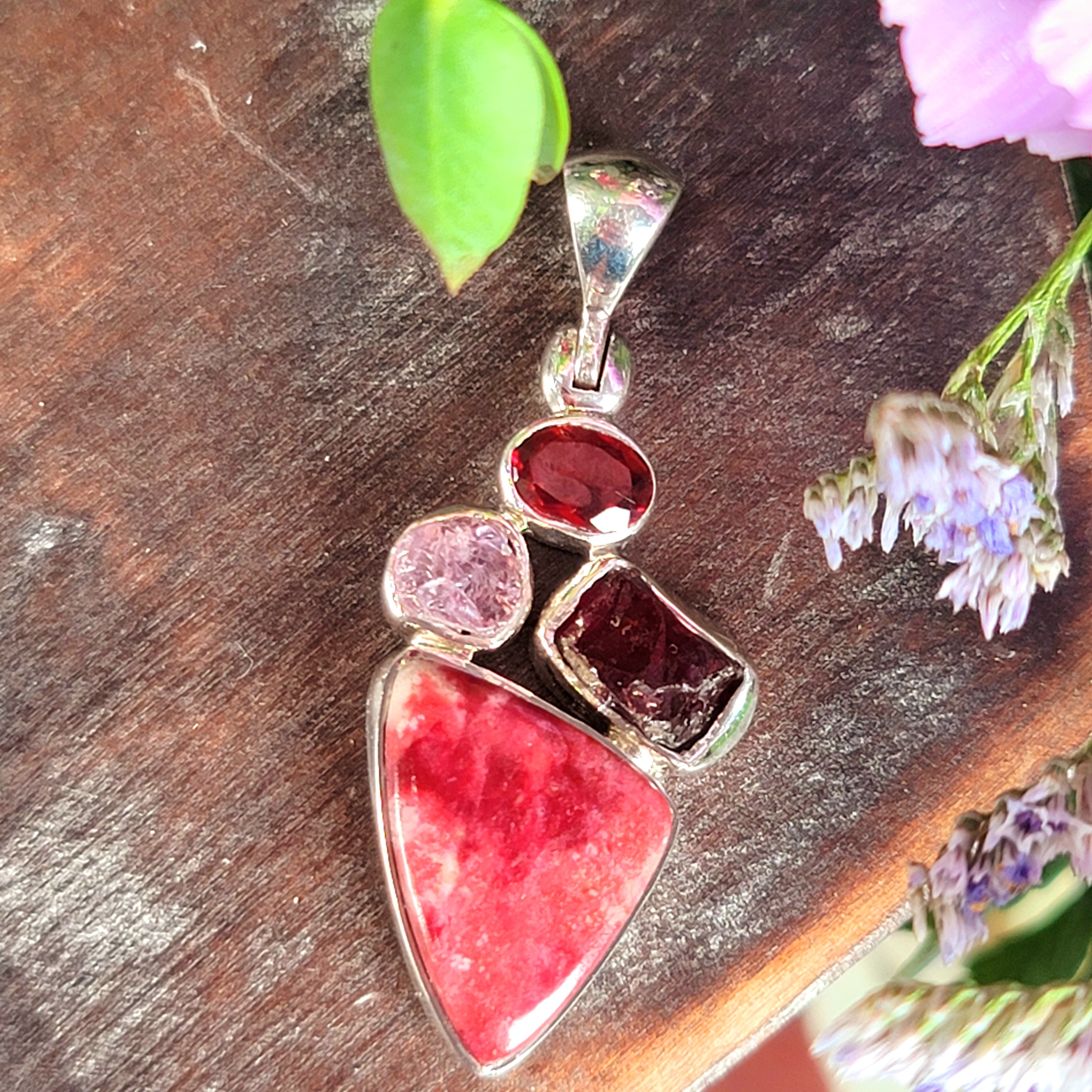 Thulite x Pink Tourmaline x Garnet x Rose Quartz Pendant .925 Silver for Loving Yourself and Experiencing Pleasure