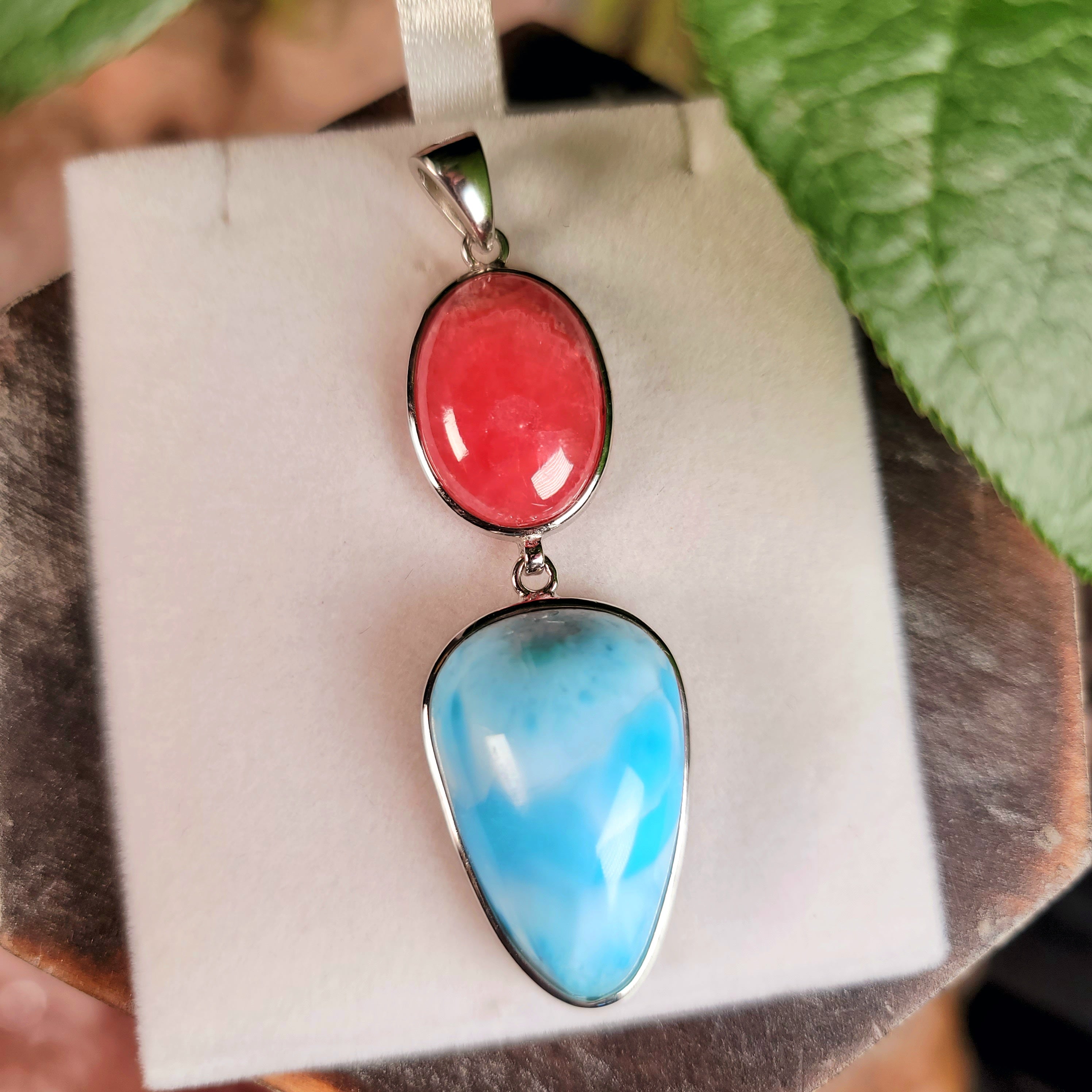 Larimar x Rhodochrosite Pendant .925 Silver (AAA Grade) for Peace and Healing