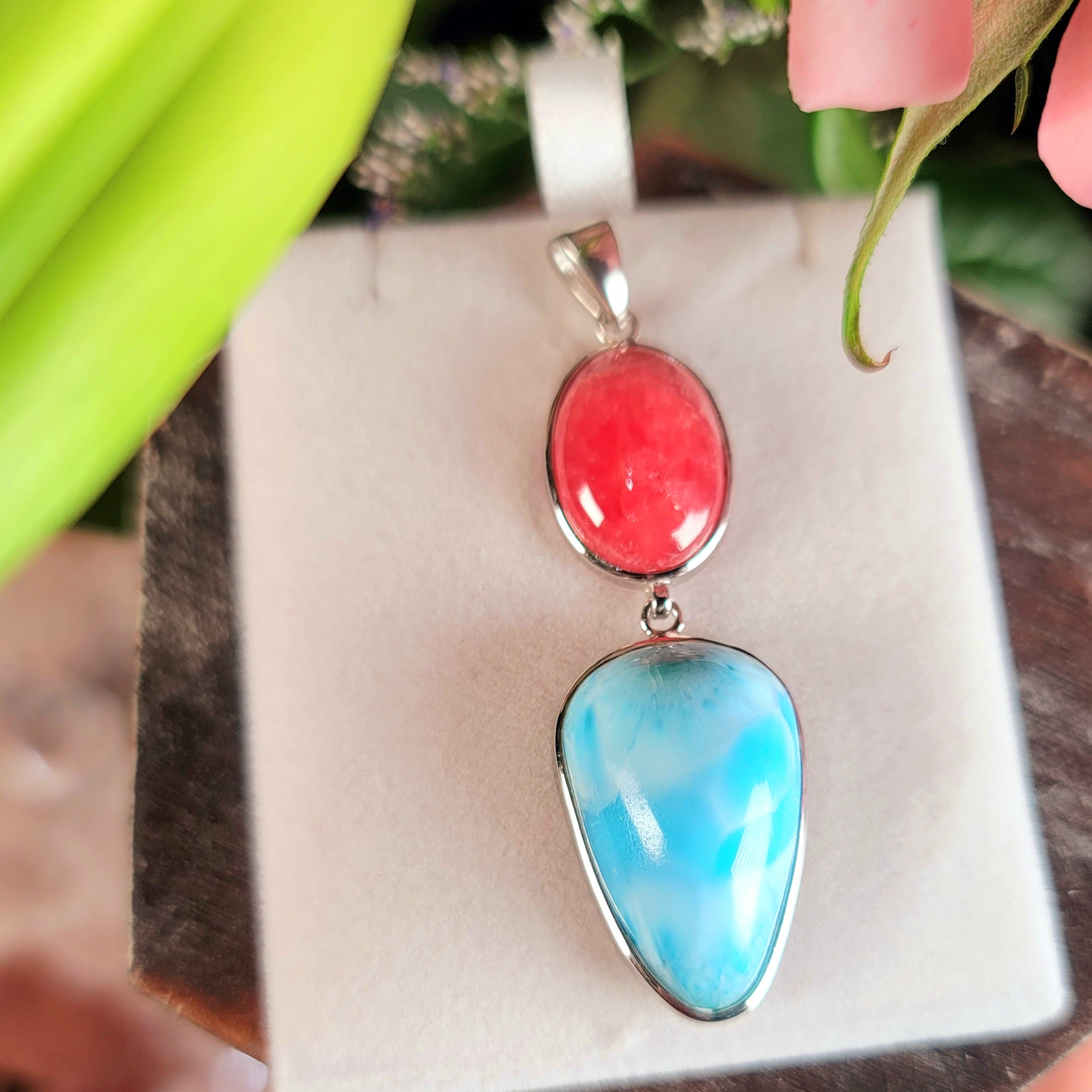 Larimar x Rhodochrosite Pendant .925 Silver (AAA Grade) for Peace and Healing