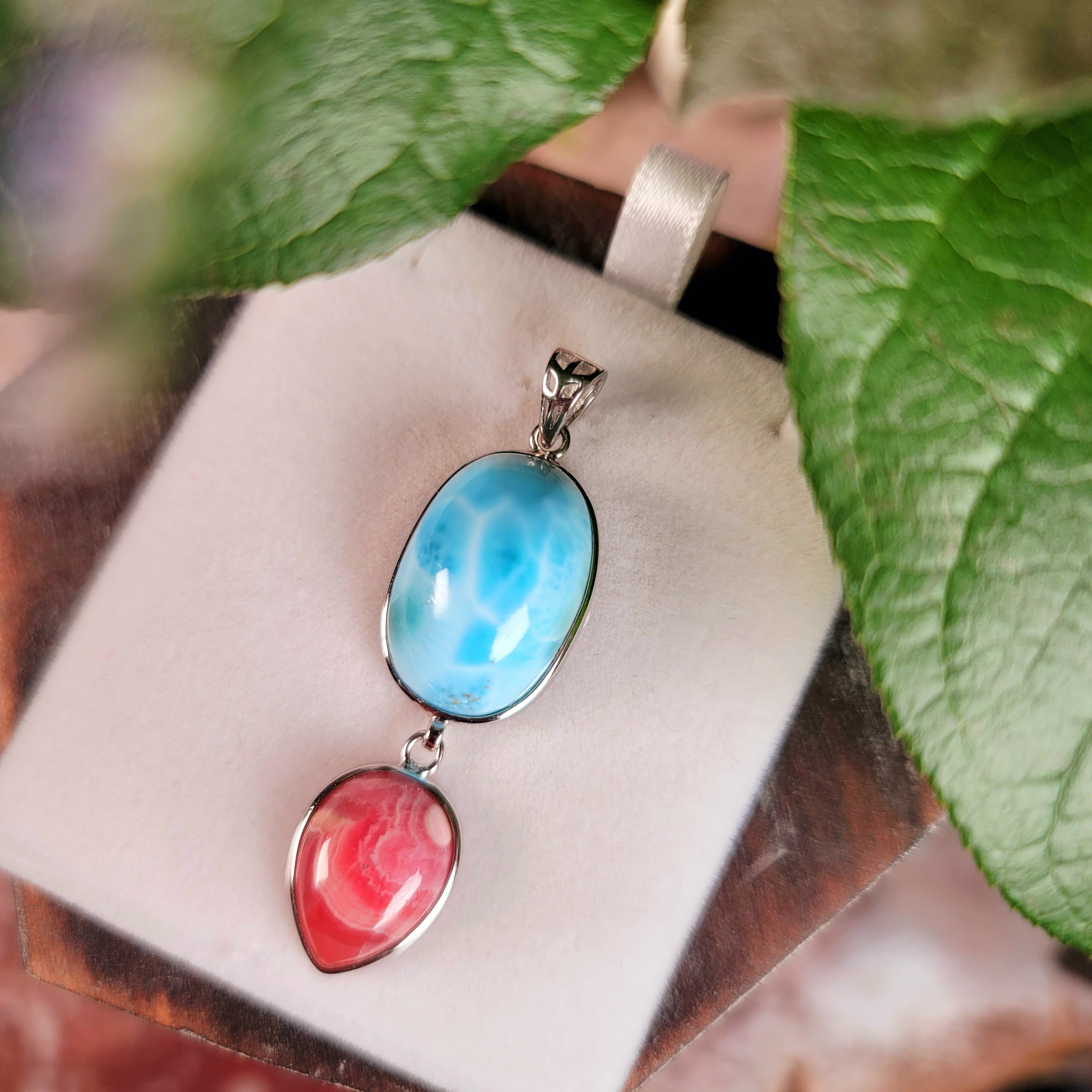 Larimar x Rhodochrosite Pendant .925 Silver (AAA Grade) for Peace and Healing