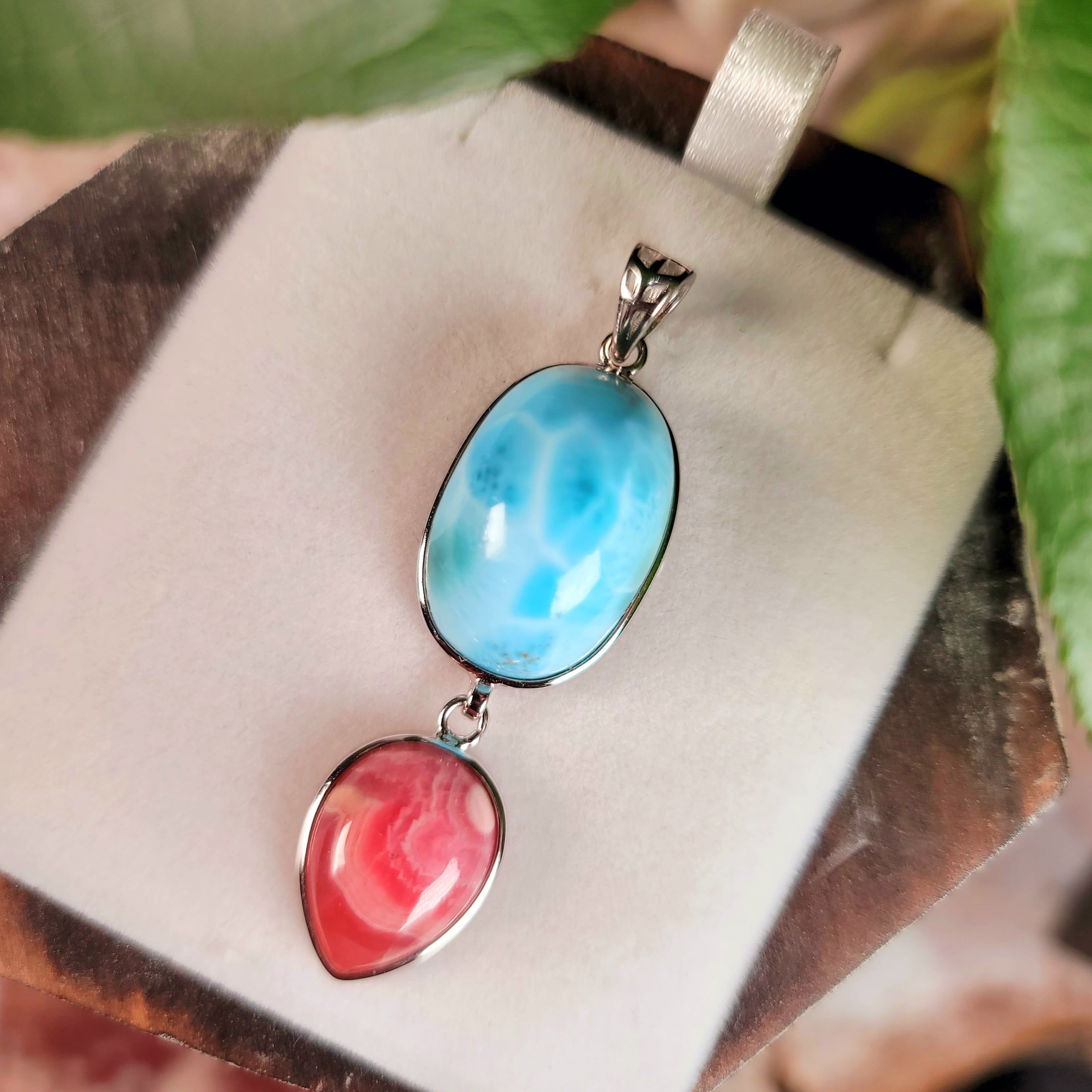 Larimar x Rhodochrosite Pendant .925 Silver (AAA Grade) for Peace and Healing