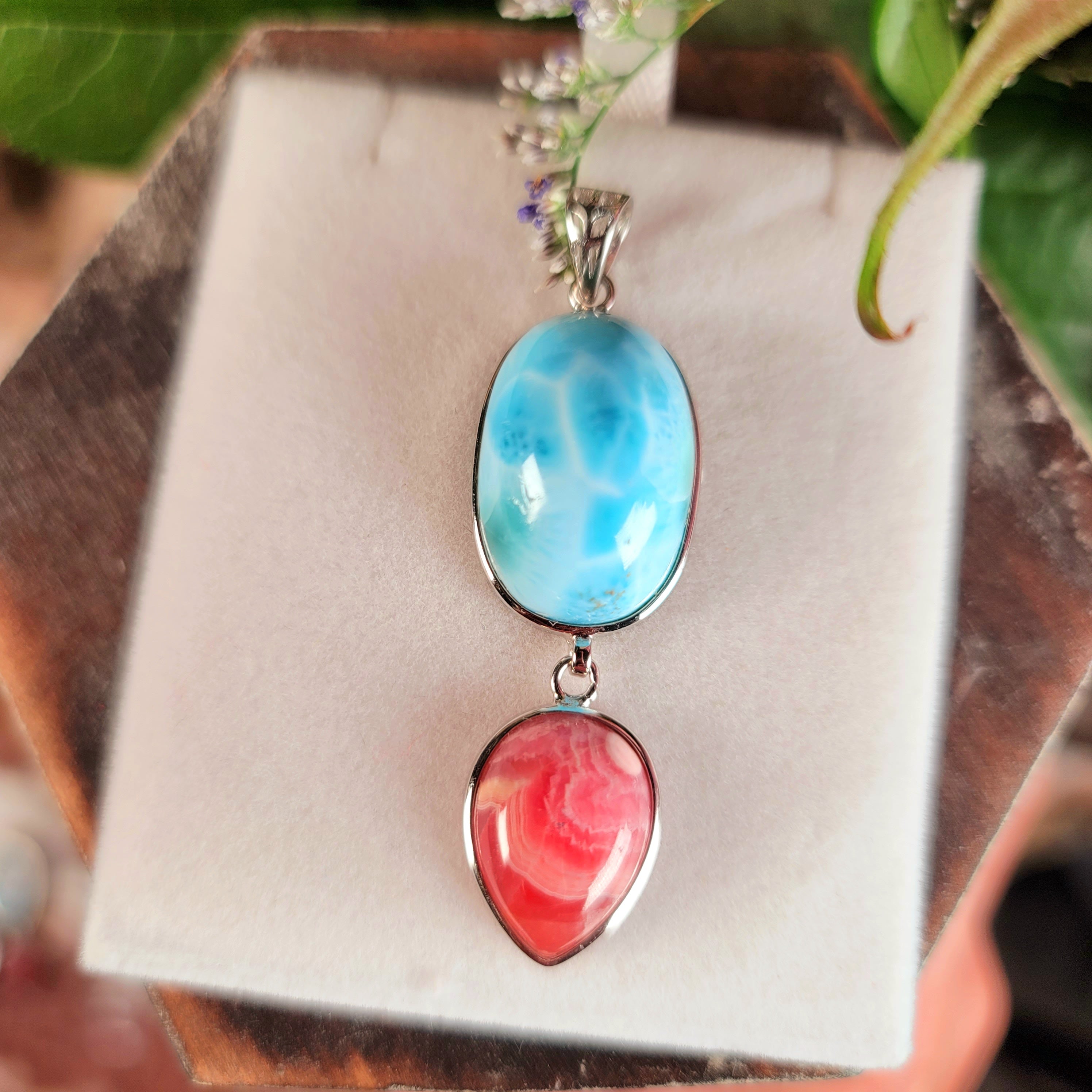 Larimar x Rhodochrosite Pendant .925 Silver (AAA Grade) for Peace and Healing