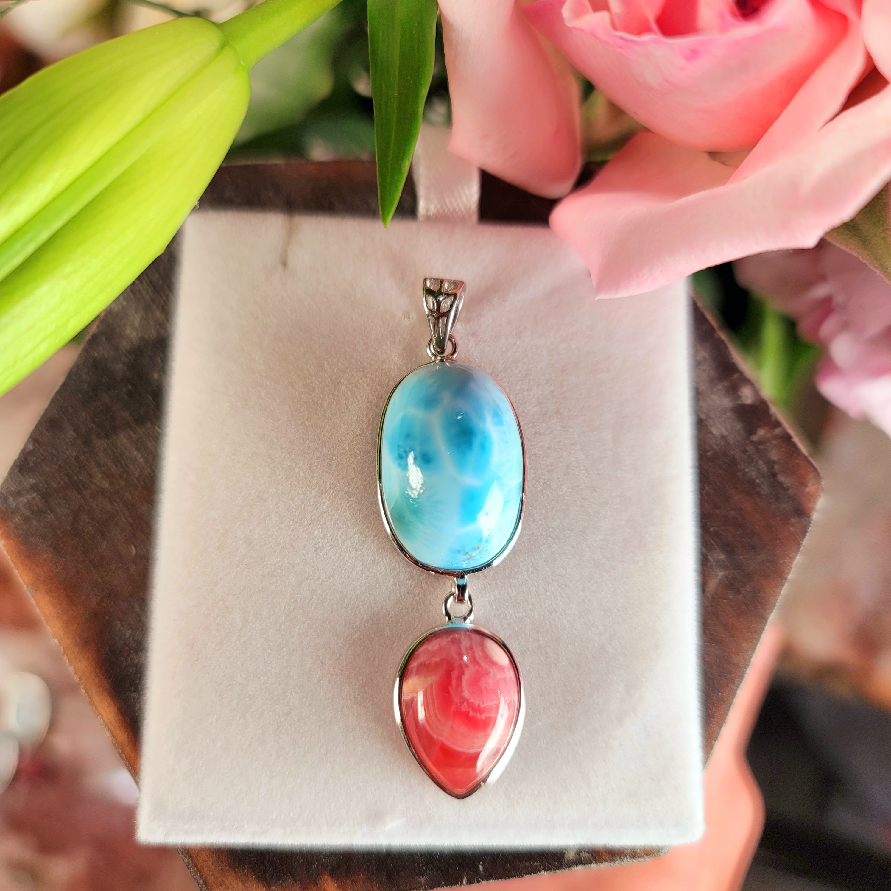 Larimar x Rhodochrosite Pendant .925 Silver (AAA Grade) for Peace and Healing