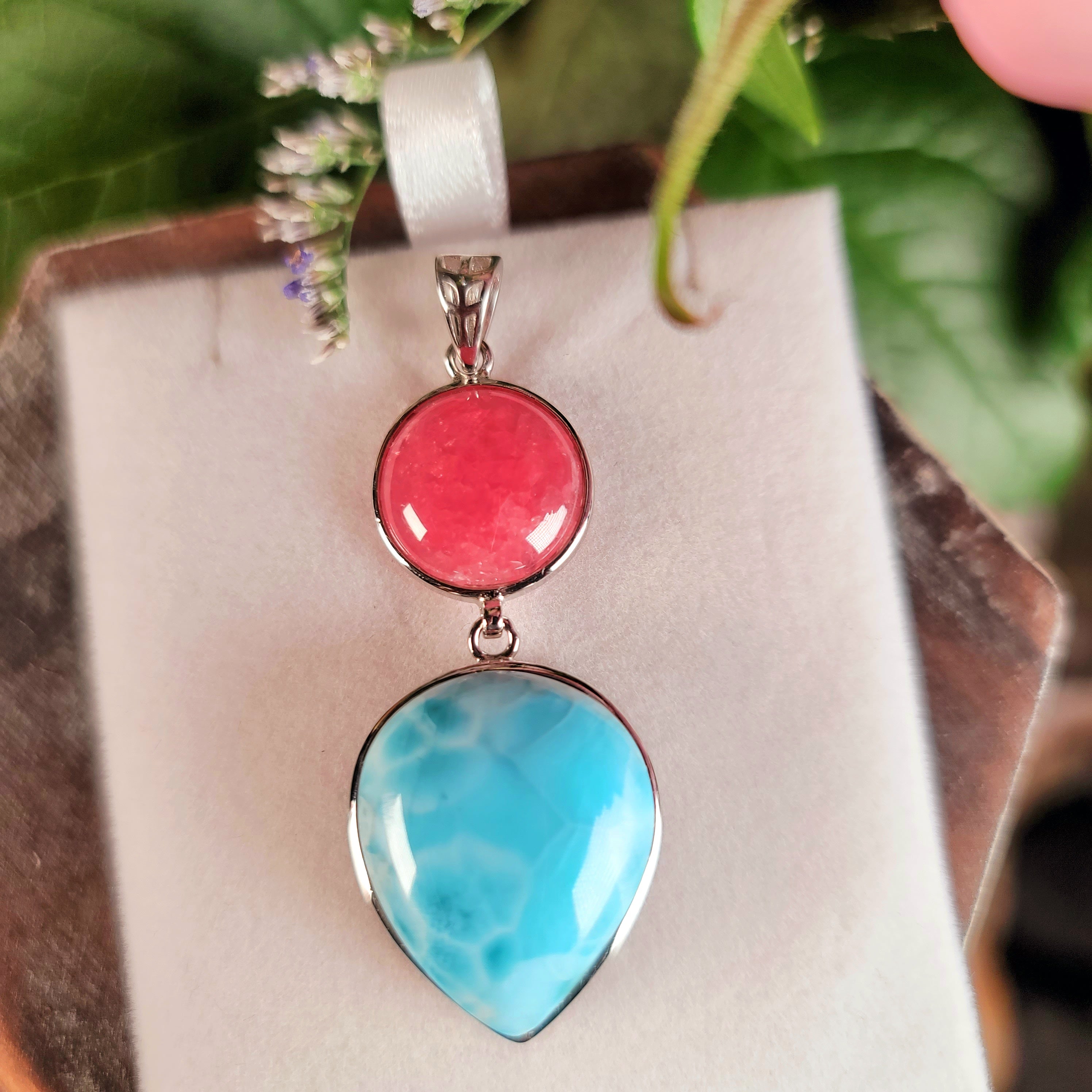 Larimar x Rhodochrosite Pendant .925 Silver (AAA Grade) for Peace and Healing