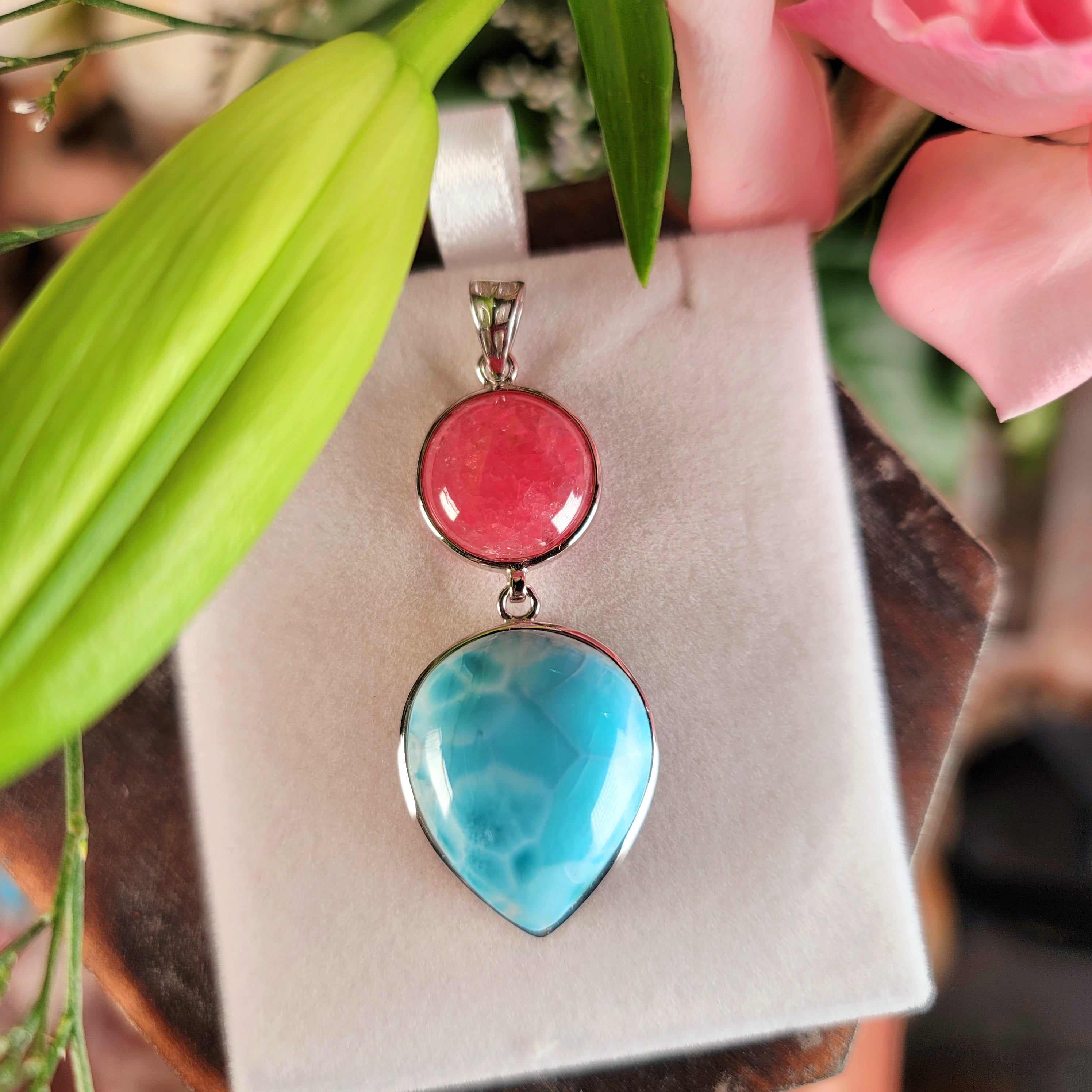 Larimar x Rhodochrosite Pendant .925 Silver (AAA Grade) for Peace and Healing