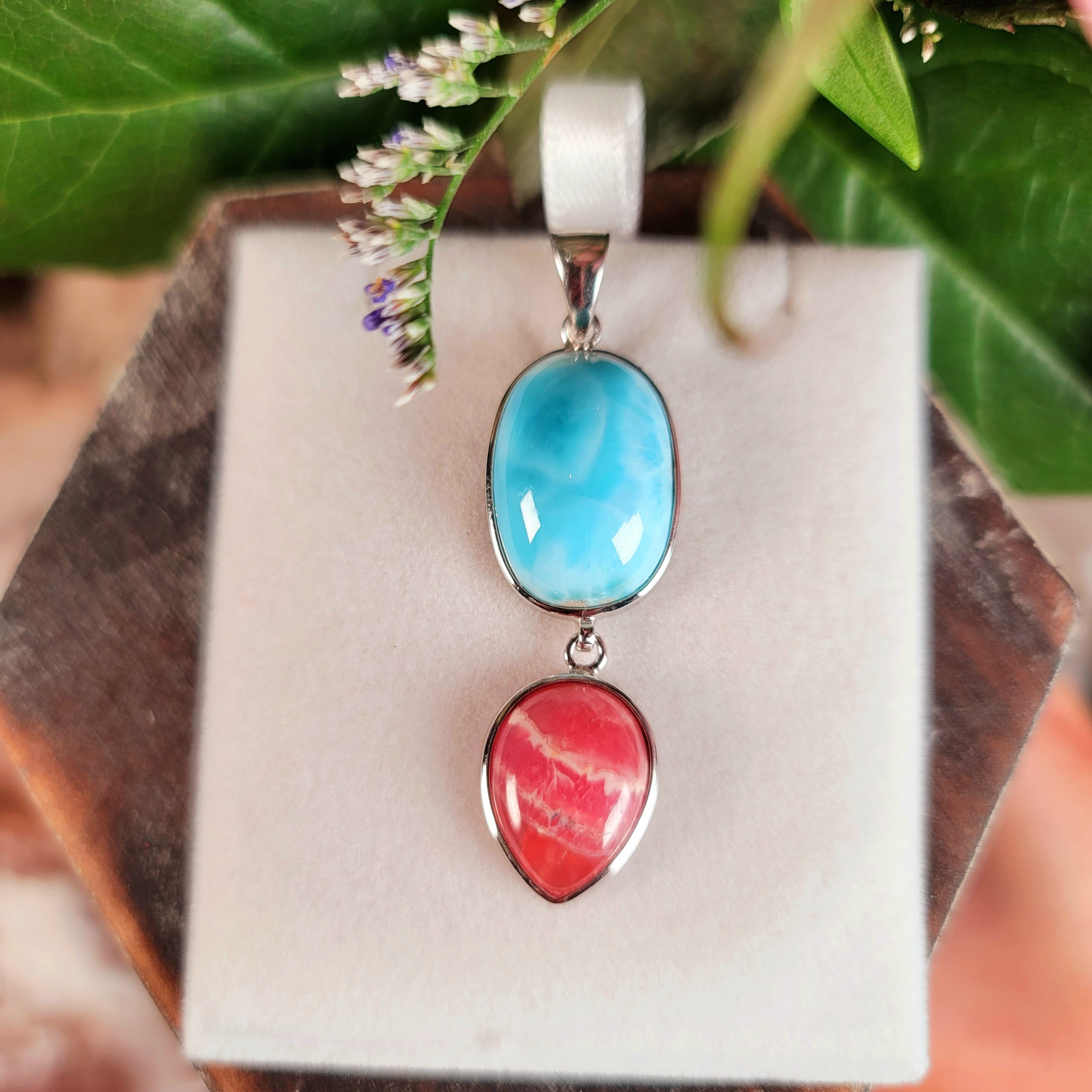 Larimar x Rhodochrosite Pendant .925 Silver (AAA Grade) for Peace and Healing