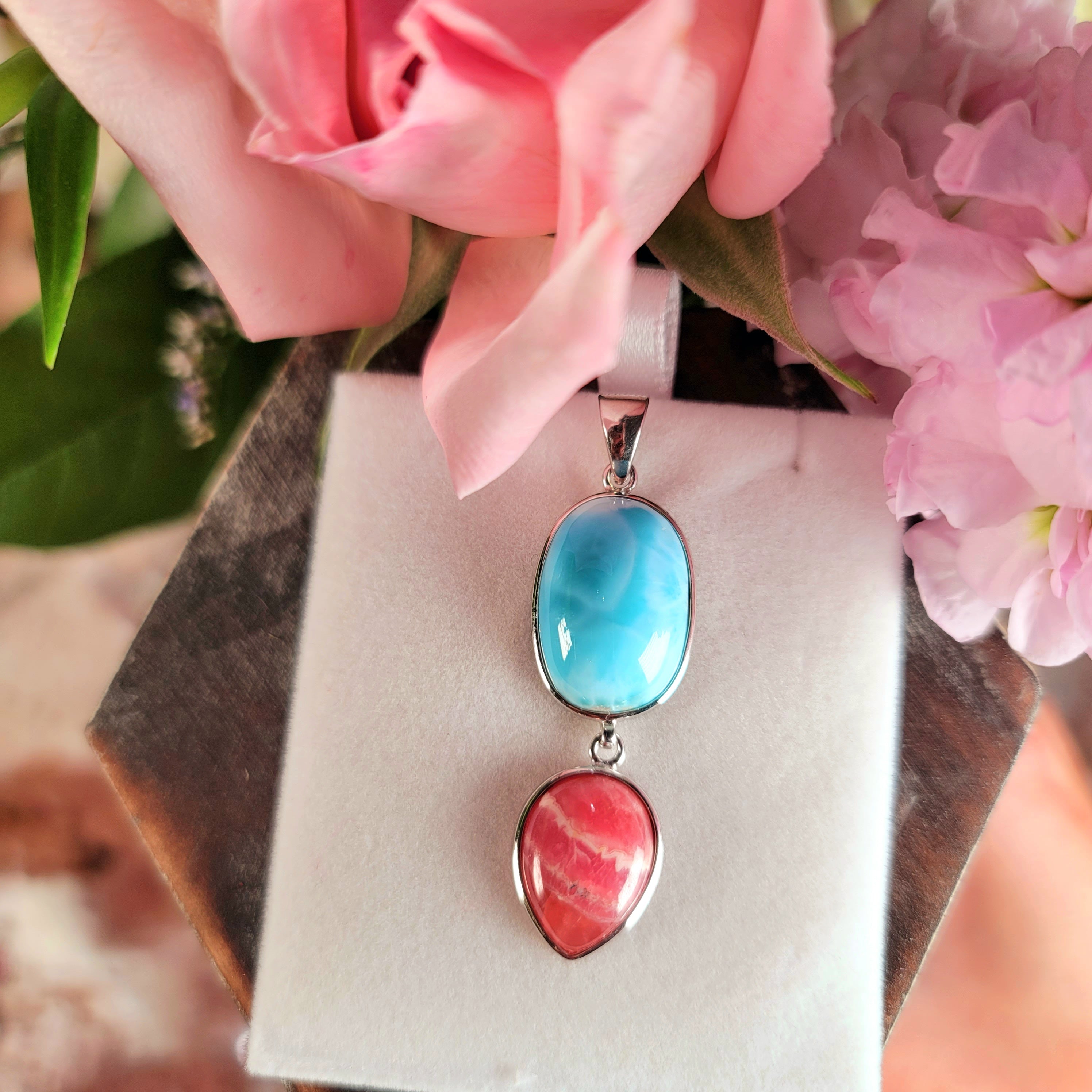 Larimar x Rhodochrosite Pendant .925 Silver (AAA Grade) for Peace and Healing