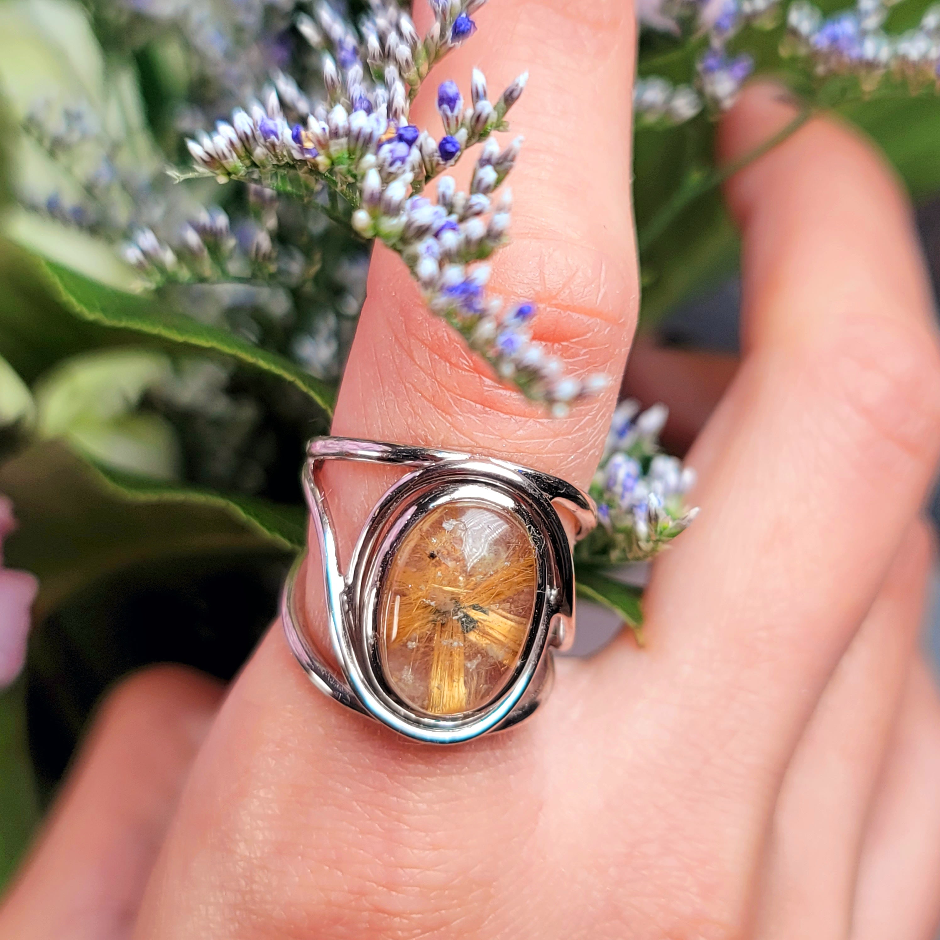 Star Gold Rutile in Quartz Adjustable Finger Cuff Ring .925 Silver for Accelerating Manifestations