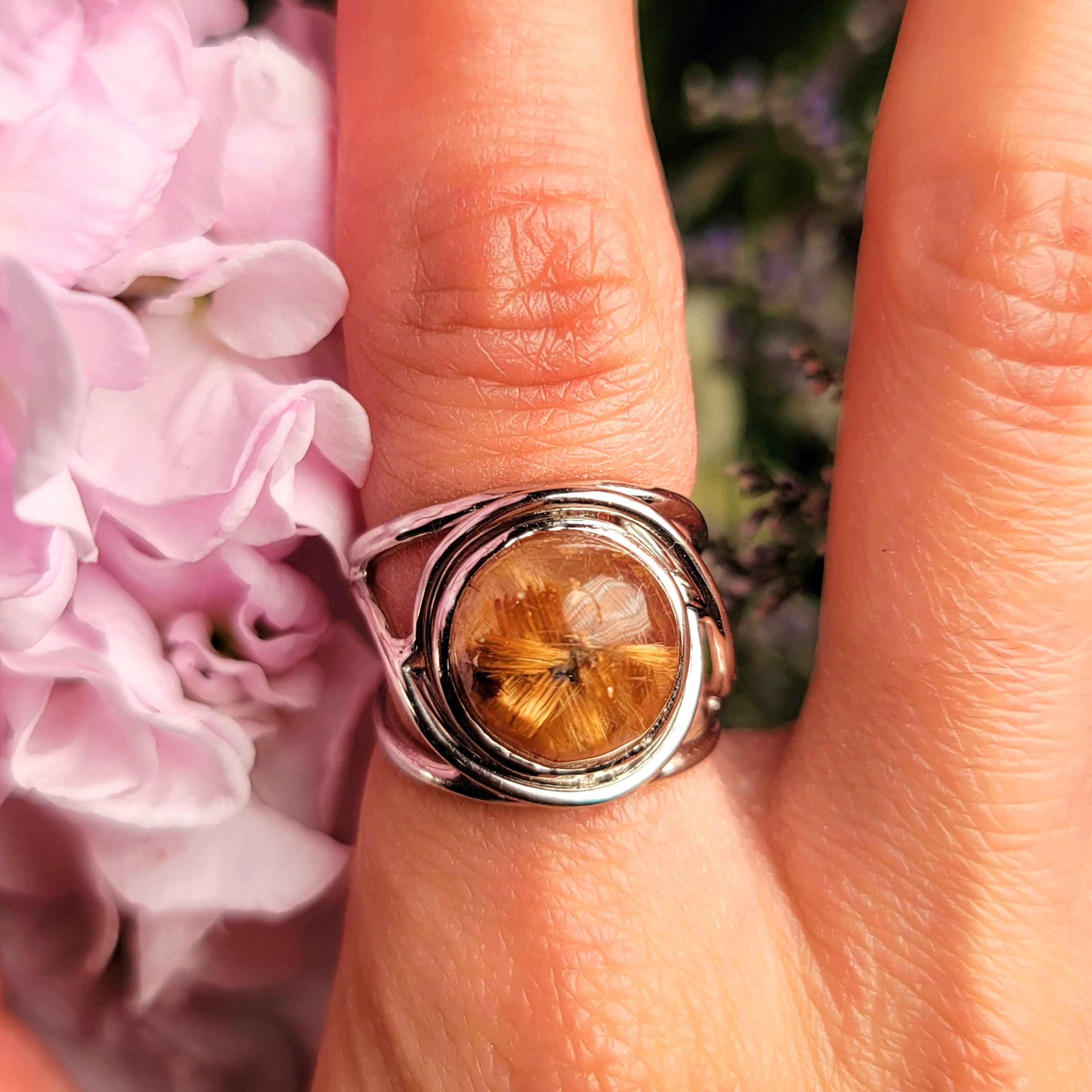 Star Gold Rutile in Quartz Adjustable Finger Cuff Ring .925 Silver for Accelerating Manifestations