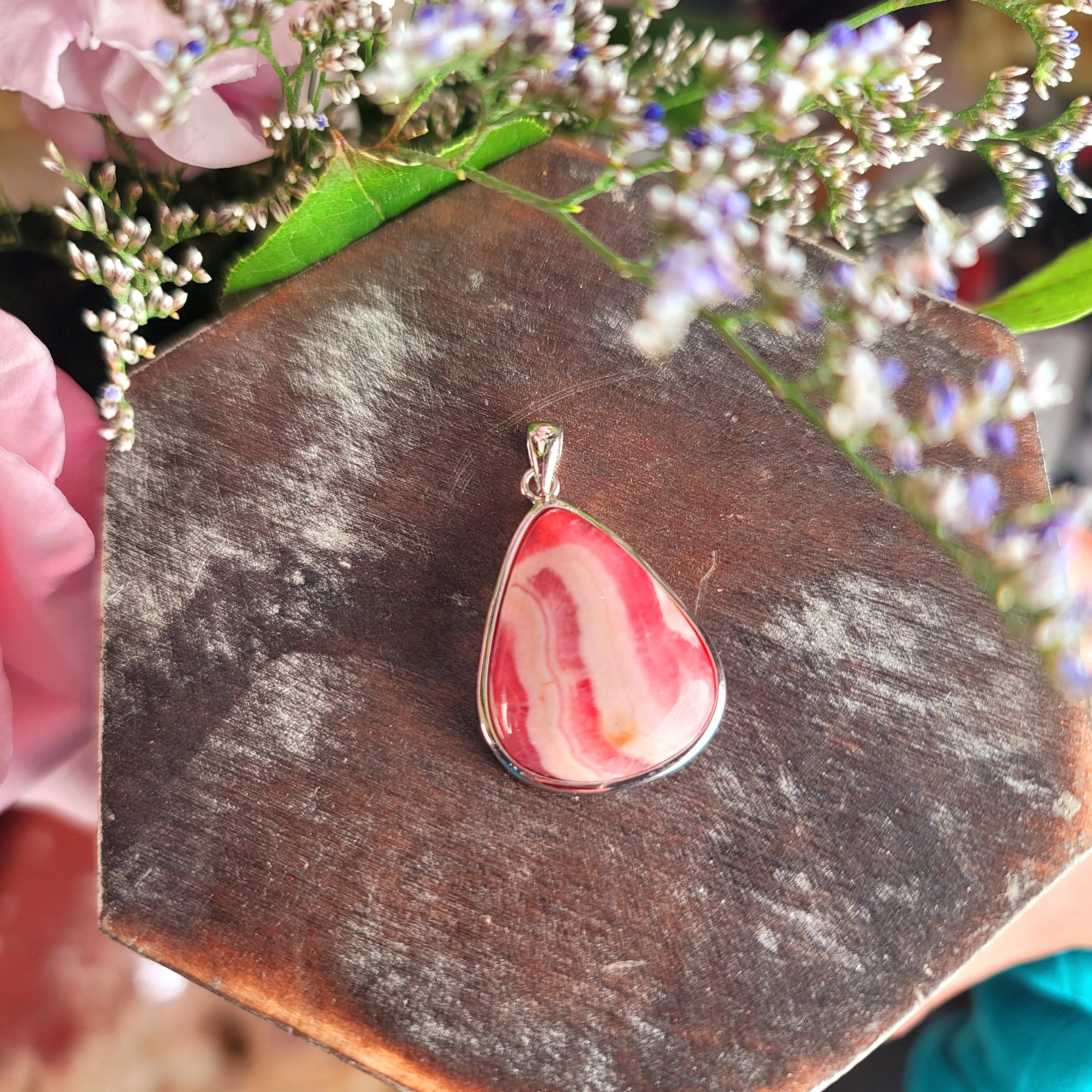 Rhodochrosite Pendant .925 Silver for Emotional and Trauma Healing