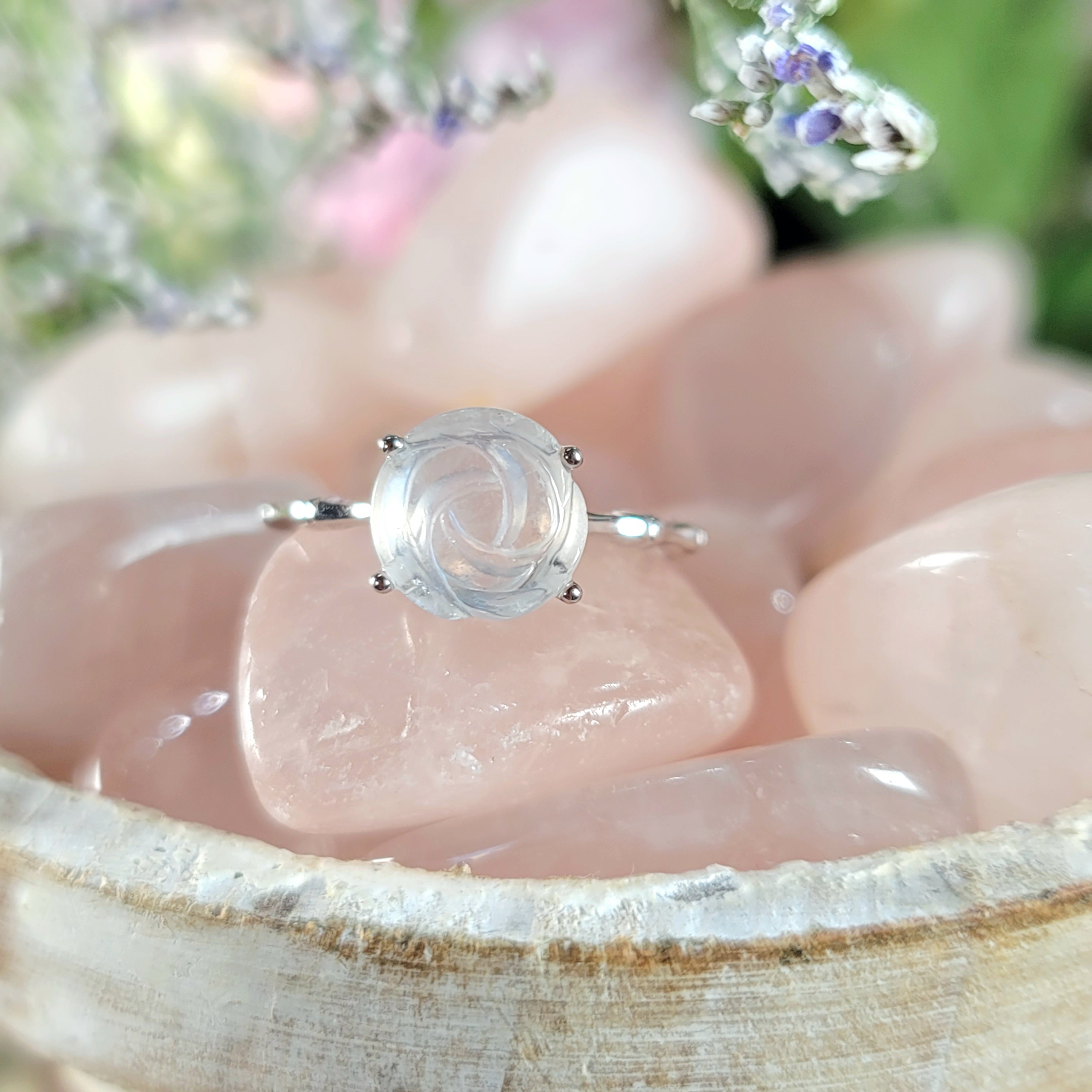 Rainbow Moonstone Carved Rose Adjustable Ring .925 Silver for New Beginnings