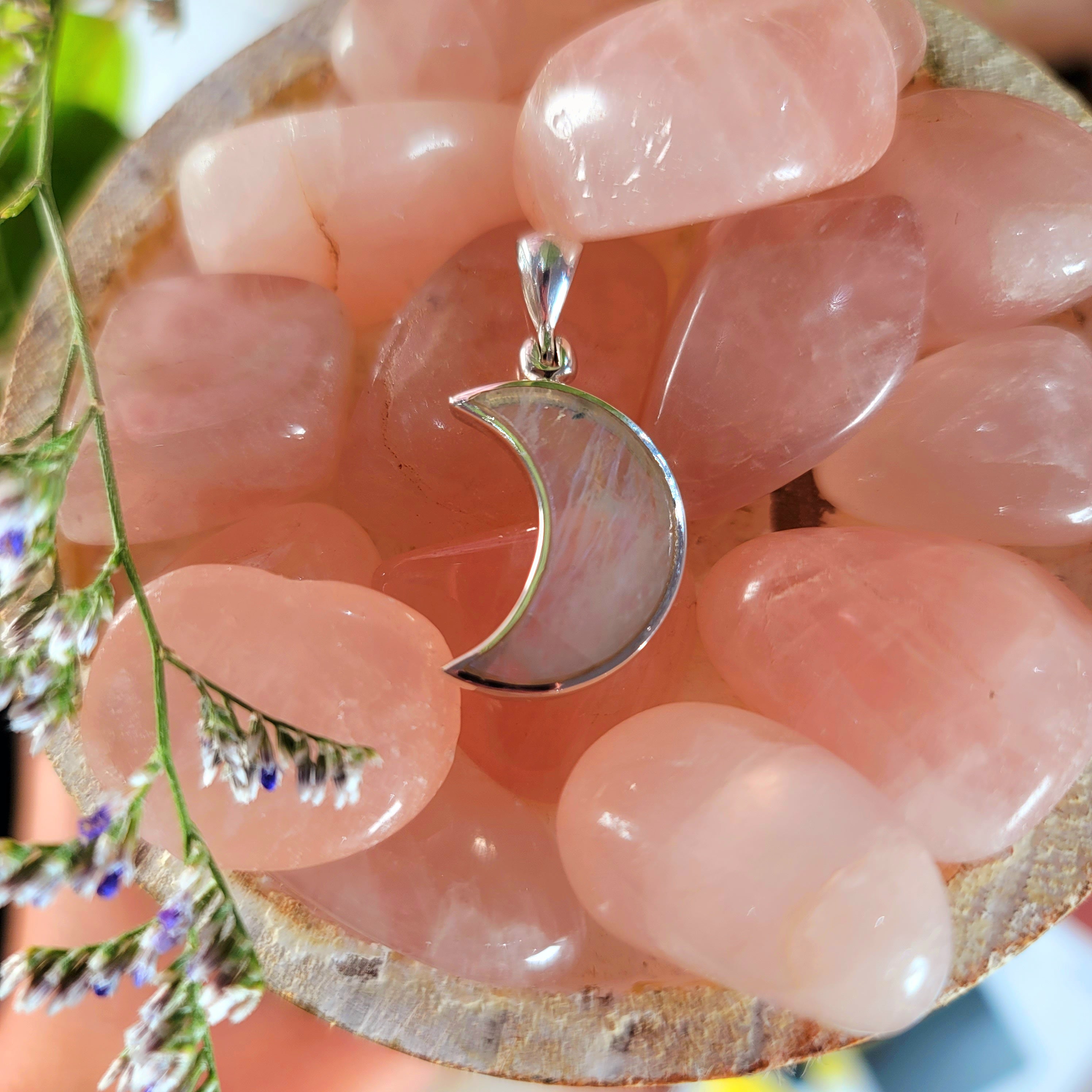 Rainbow Moonstone Moon Pendant .925 Silver for New Beginnings and Goddess Energy