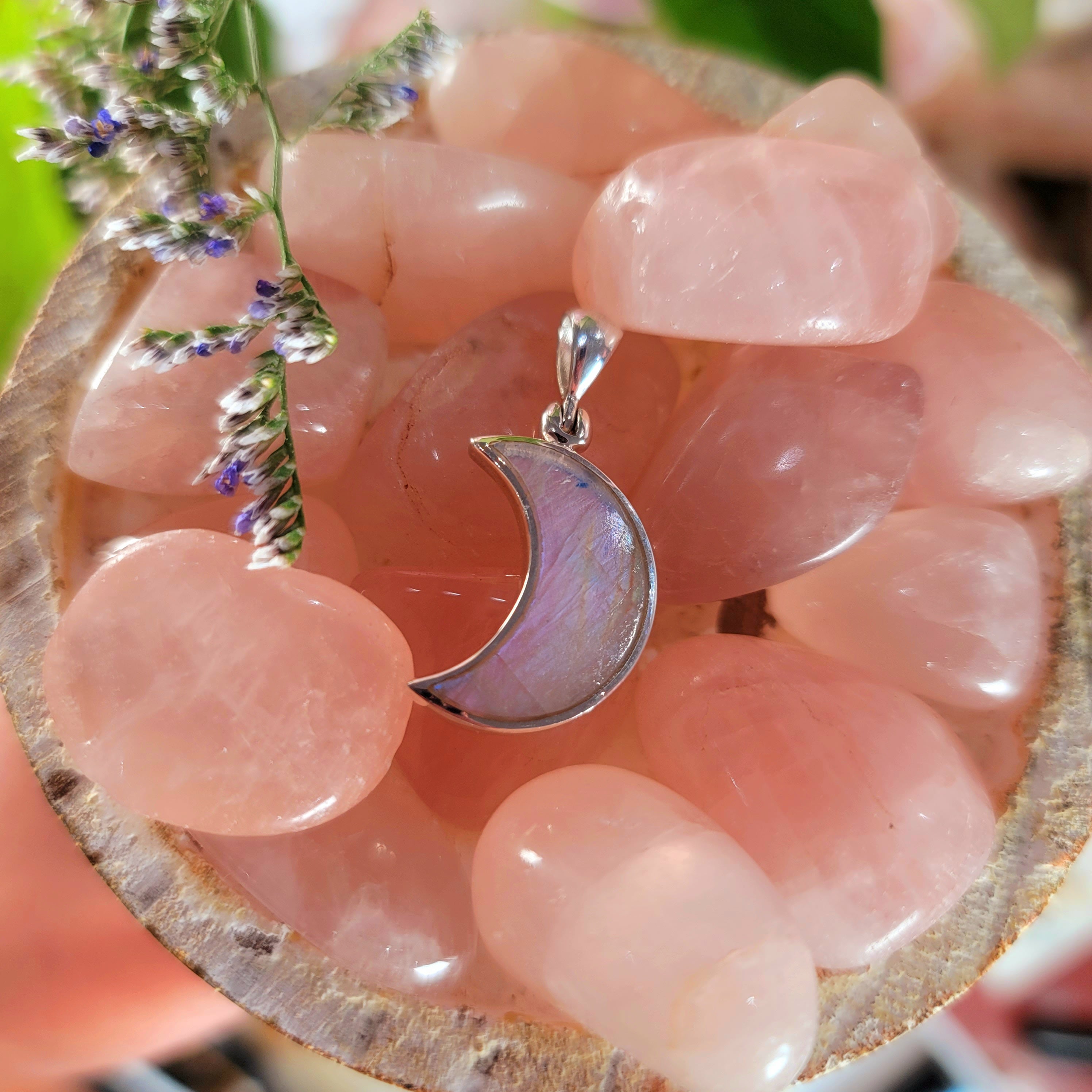 Rainbow Moonstone Moon Pendant .925 Silver for New Beginnings and Goddess Energy