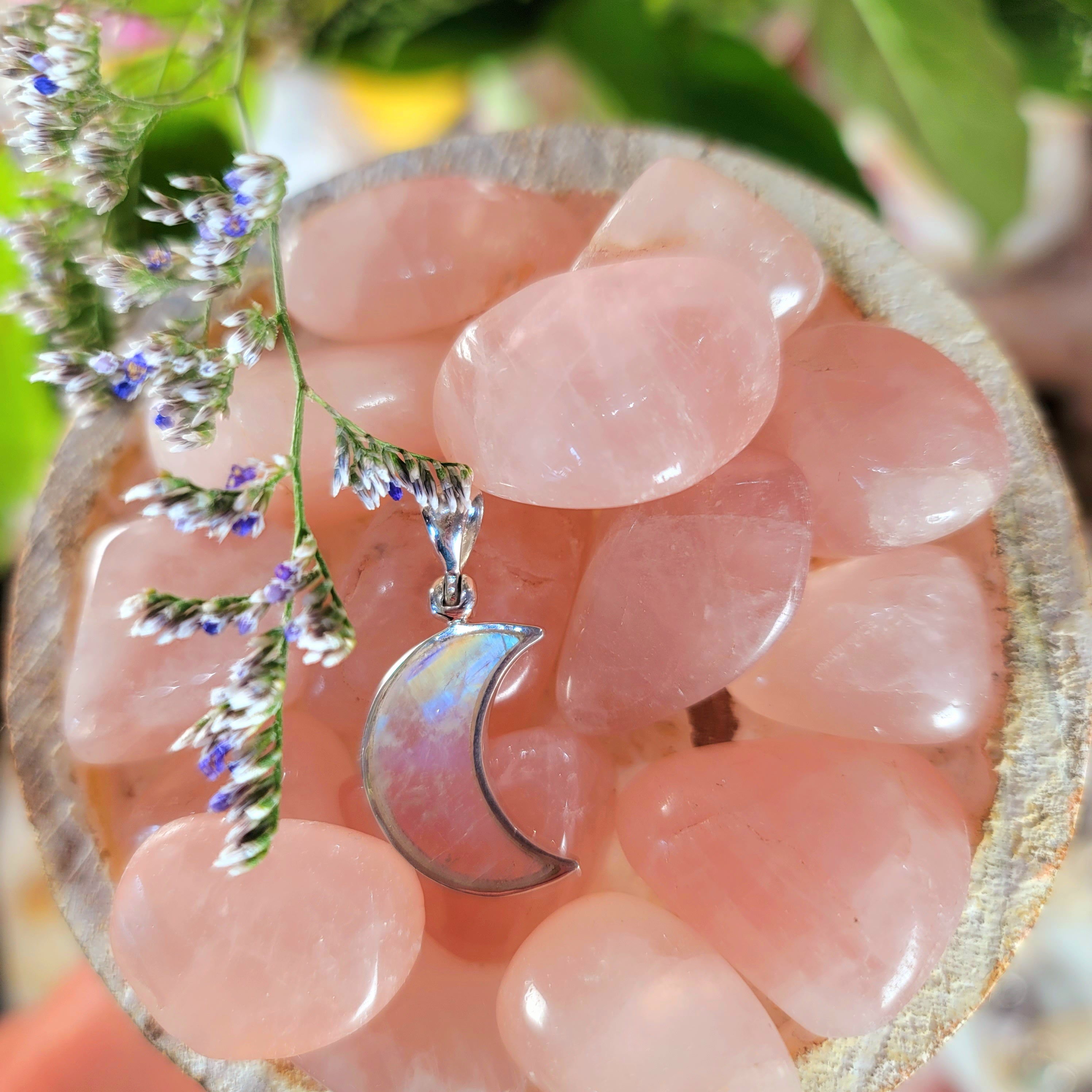 Rainbow Moonstone Moon Pendant .925 Silver for New Beginnings and Goddess Energy