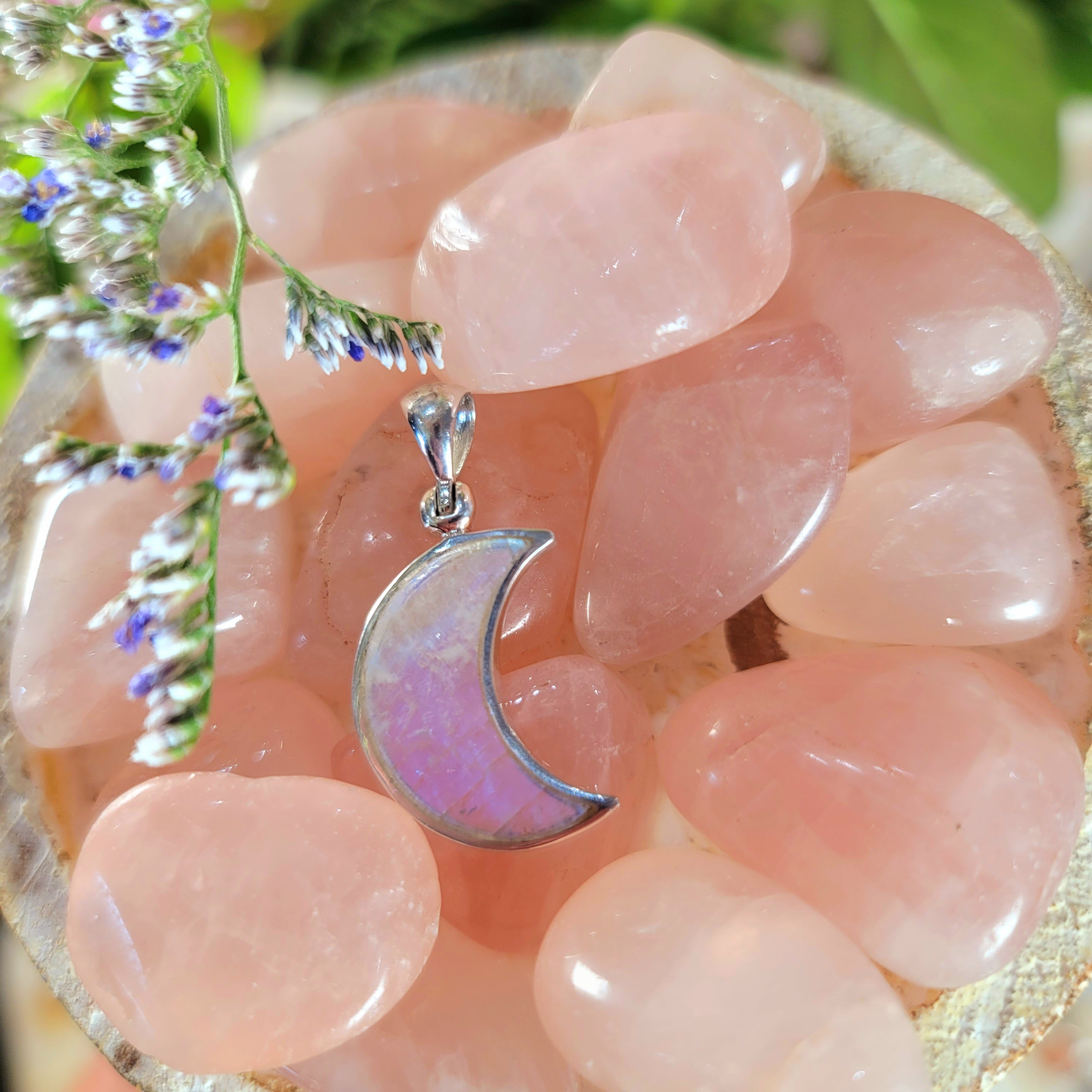 Rainbow Moonstone Moon Pendant .925 Silver for New Beginnings and Goddess Energy