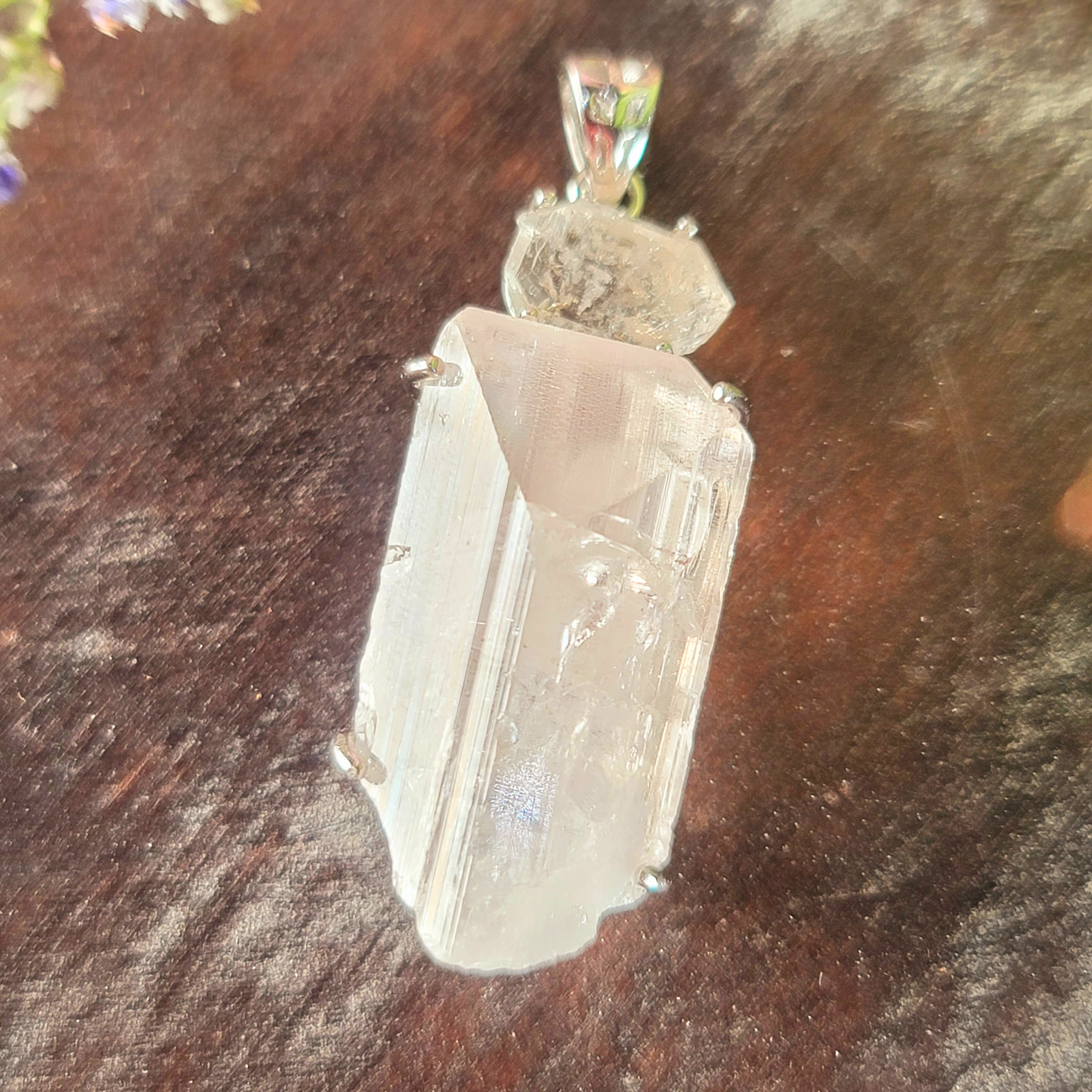 Danburite x Herkimer Diamond Pendant .925 Silver for Connection with Higher Realms, Peace and Self Acceptance