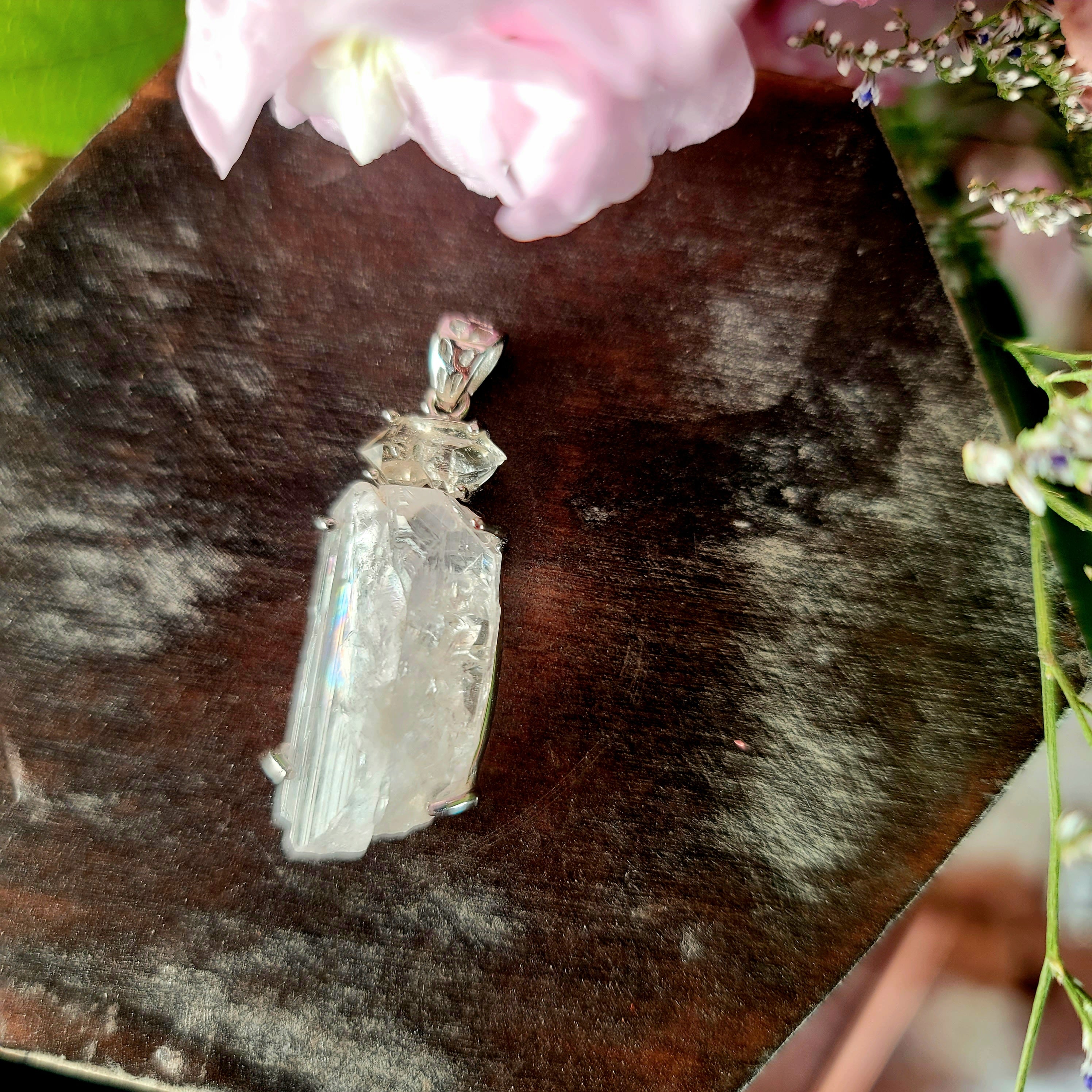 Danburite x Herkimer Diamond Pendant .925 Silver for Connection with Higher Realms, Peace and Self Acceptance