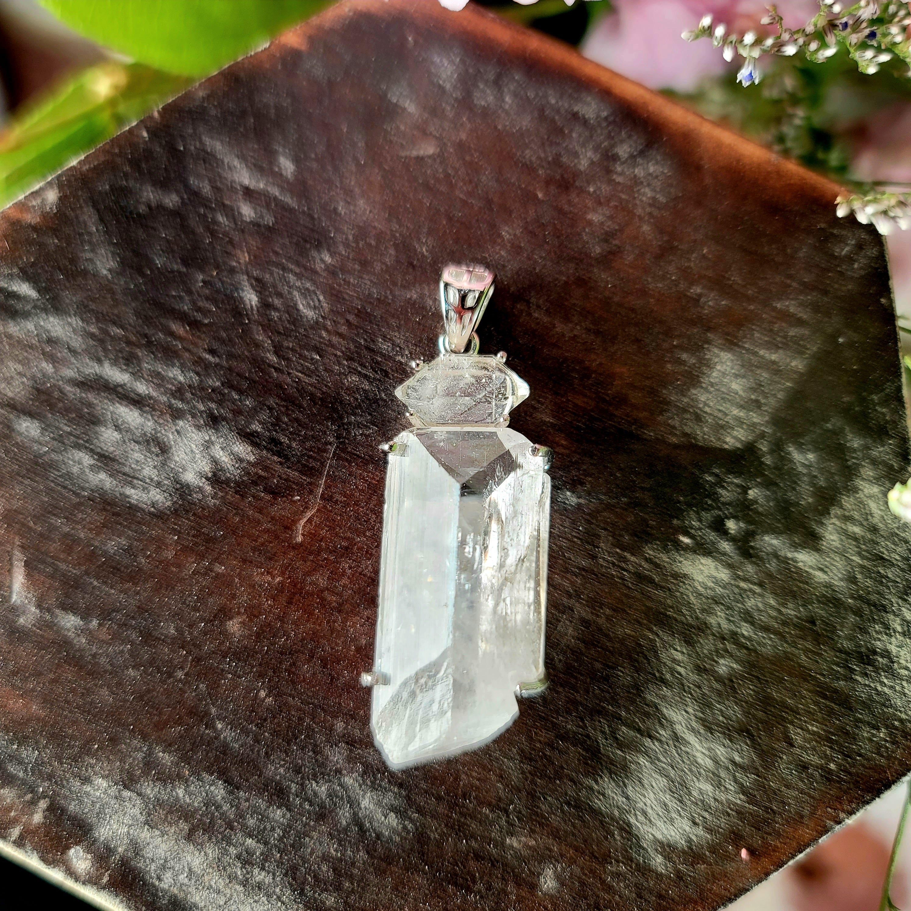 Danburite x Herkimer Diamond Pendant .925 Silver for Connection with Higher Realms, Peace and Self Acceptance