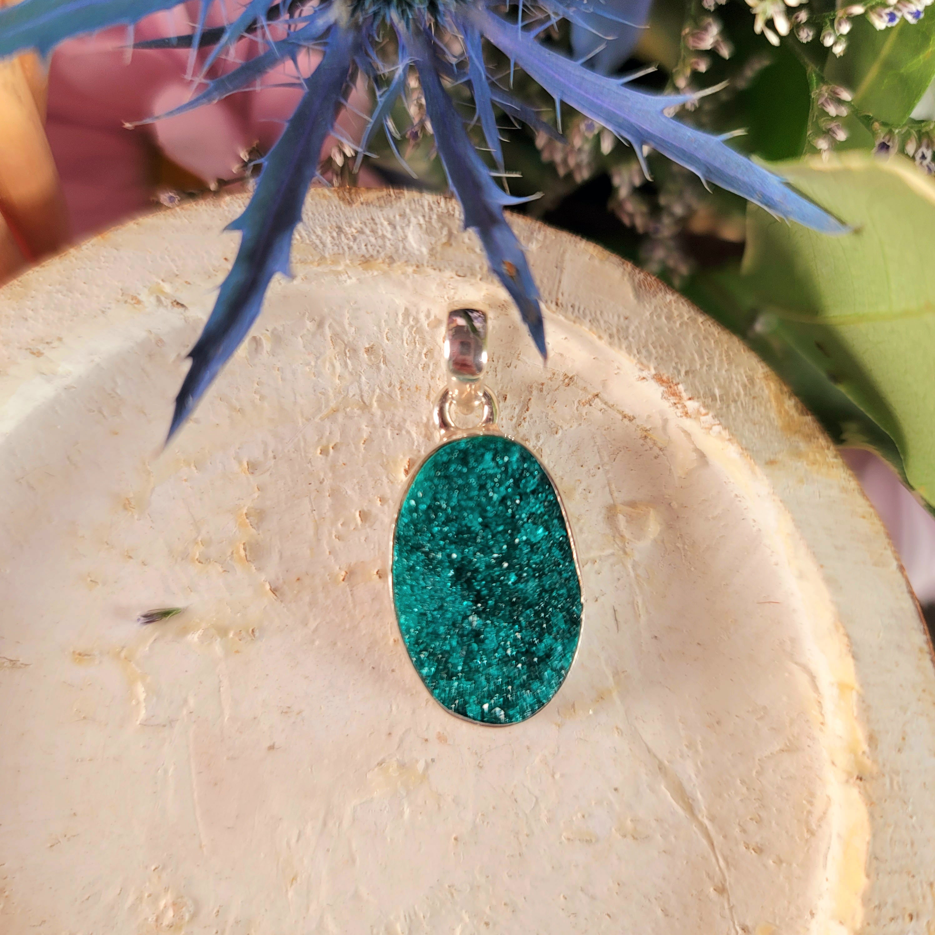 Druzy Raw Dioptase Pendant (High Quality) for Grief, Depression and Anxiety