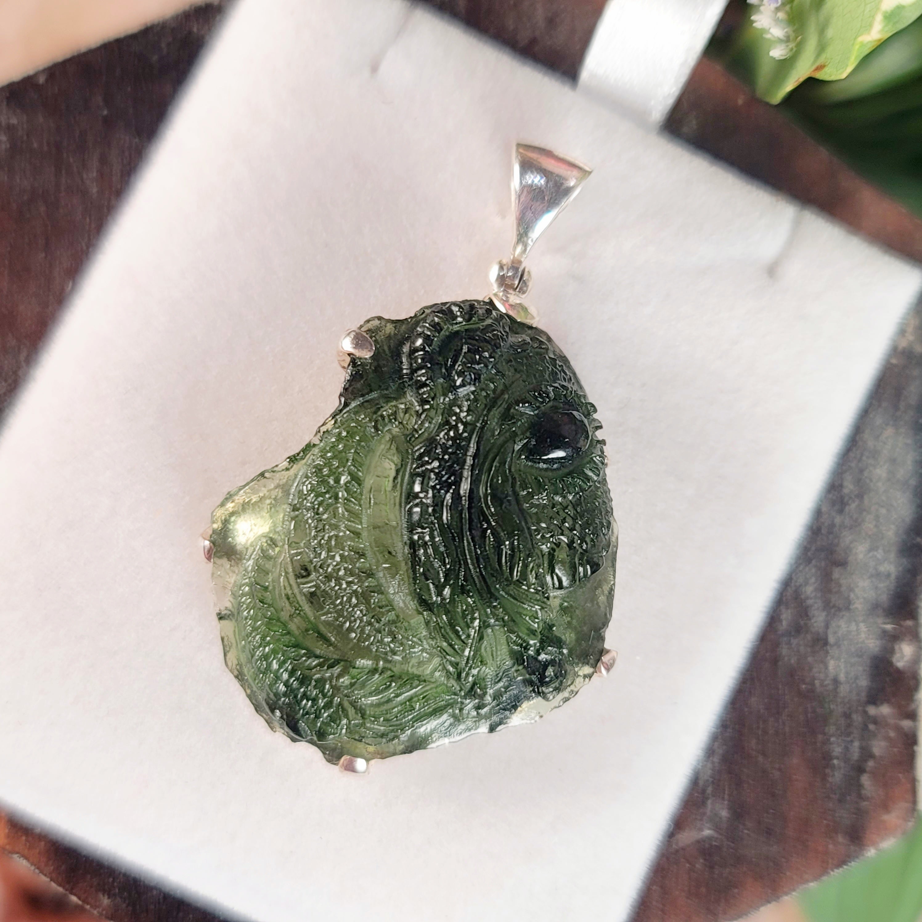 Moldavite Carved Dragon Pendant .925 Silver for Manifesting Miracles