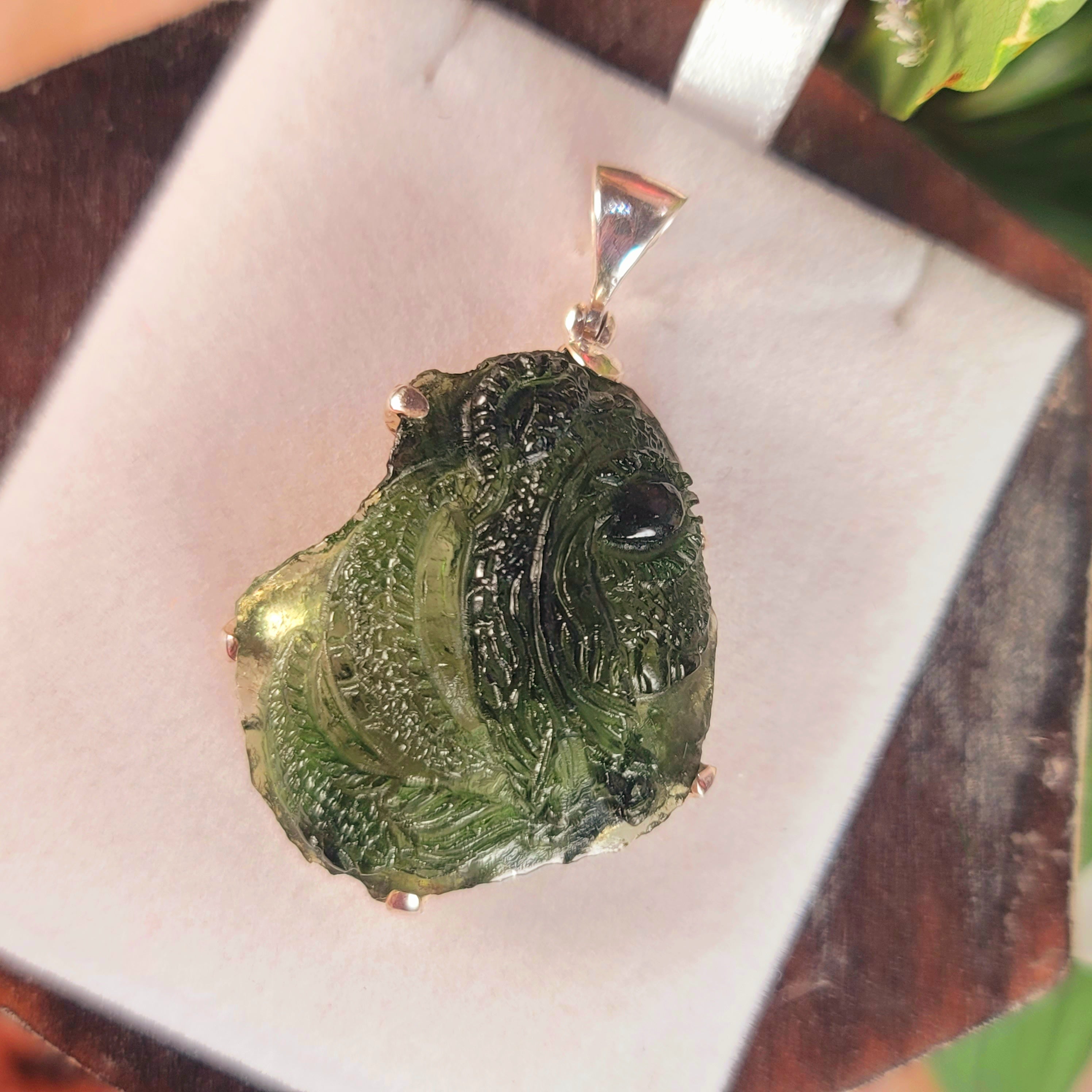 Moldavite Carved Dragon Pendant .925 Silver for Manifesting Miracles
