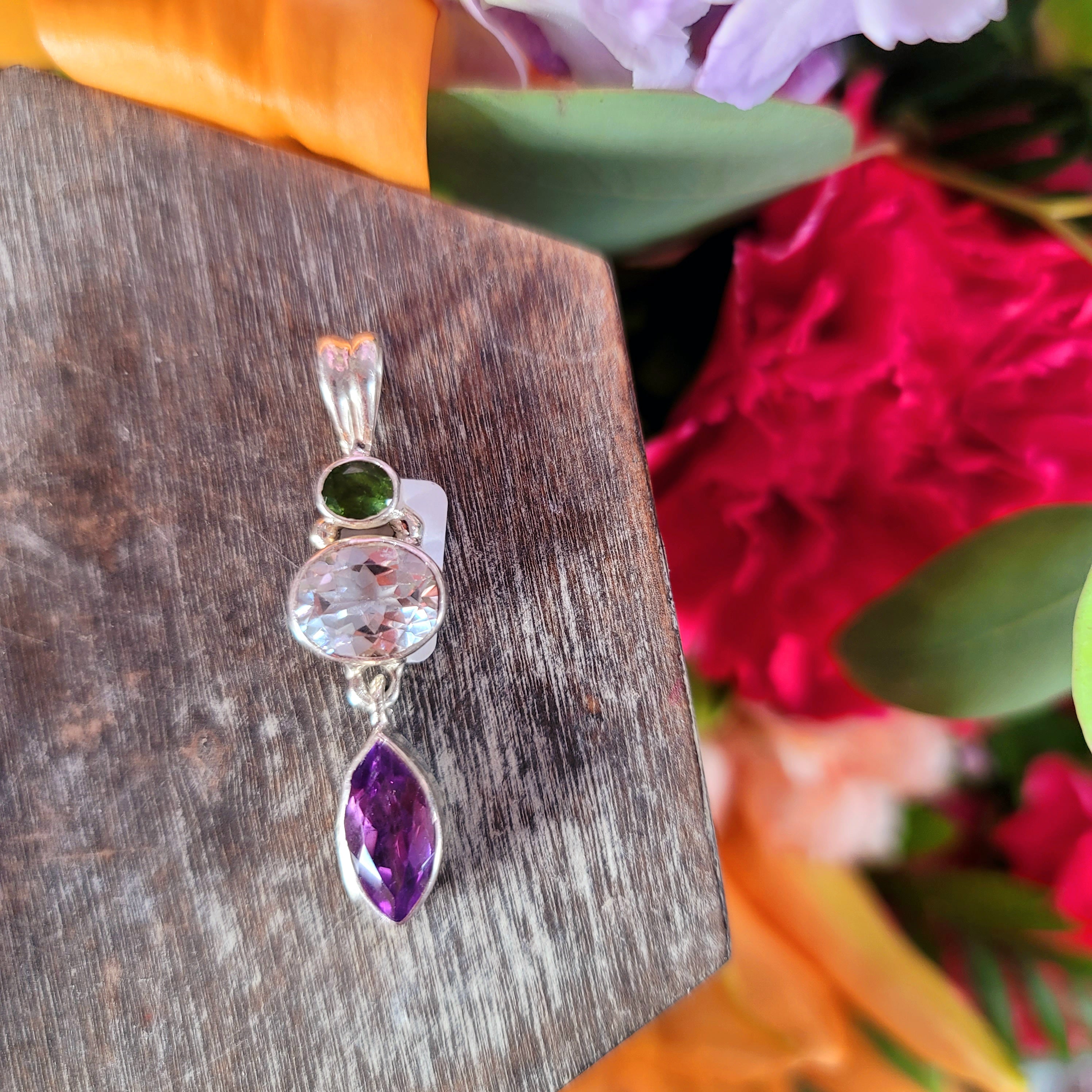 Green Tourmaline x White Topaz x Amethyst Pendant .925 Silver for Intuitively Expressing your Feelings