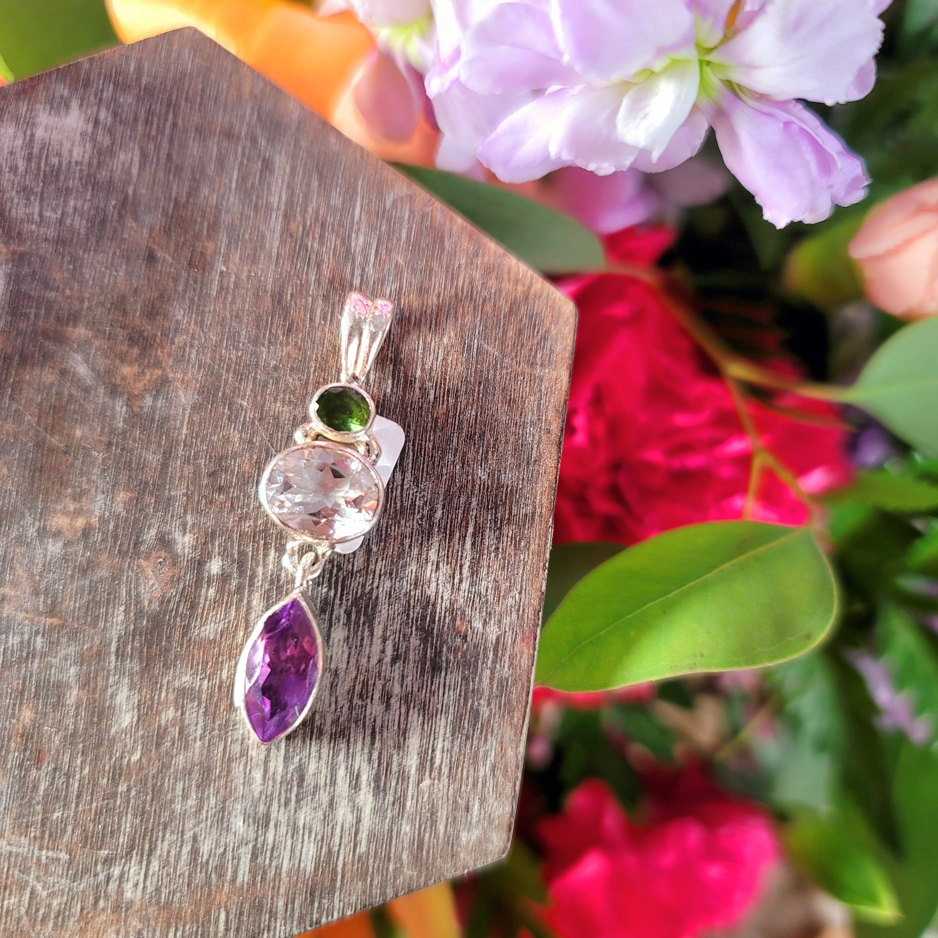 Green Tourmaline x White Topaz x Amethyst Pendant .925 Silver for Intuitively Expressing your Feelings