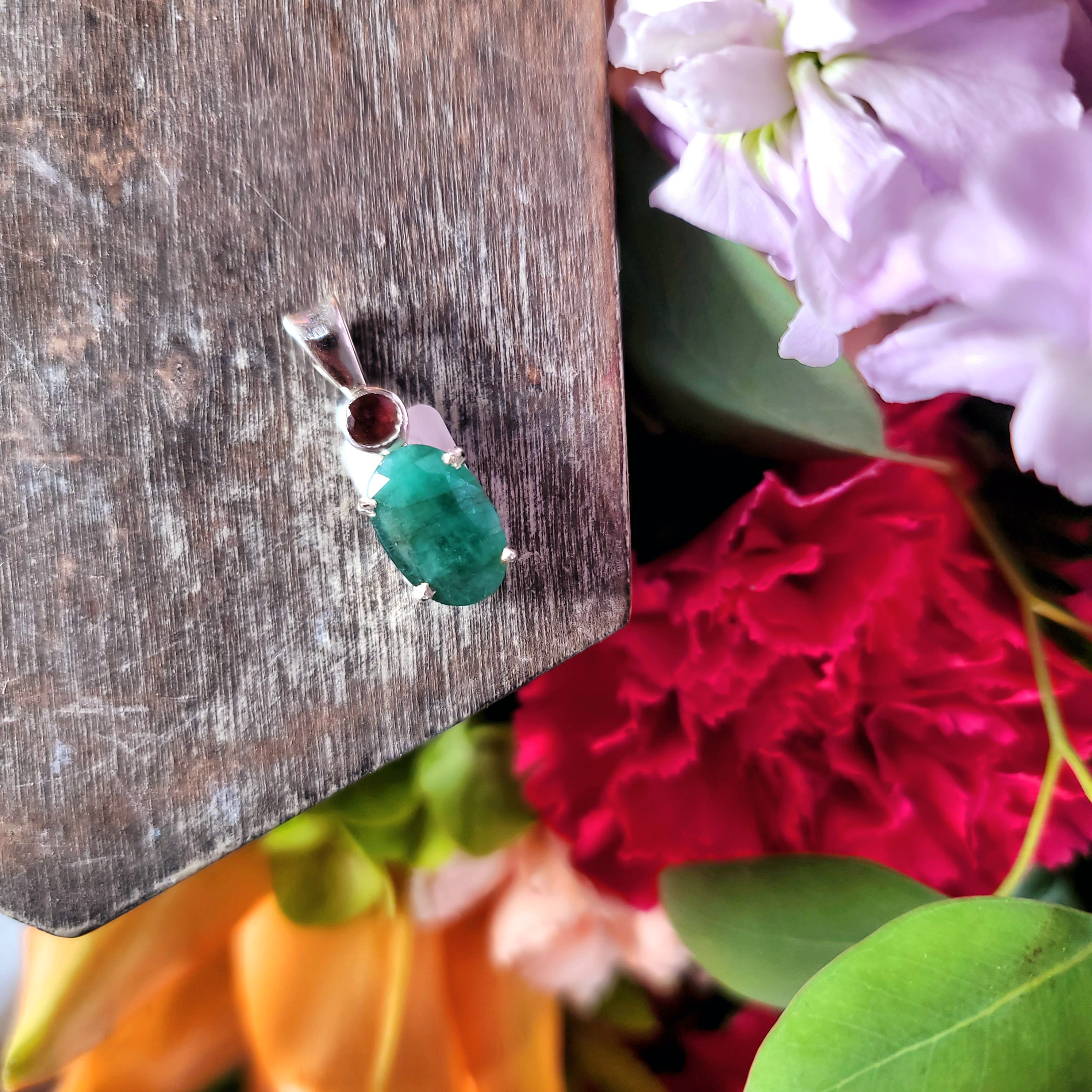 Emerald x Pink Tourmaline Pendant .925 Silver for Abundance of Joy, Love and Romance