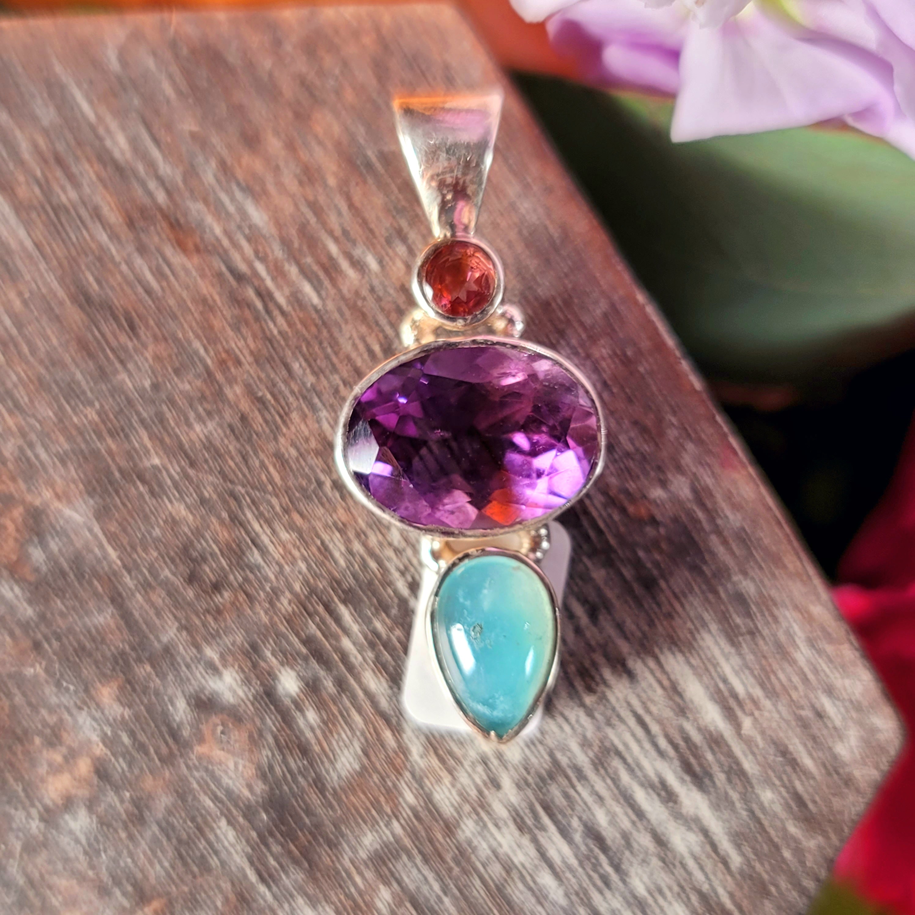 Pink Tourmaline x Amethyst x Apatite .925 Silver Pendant for Intuitive Communication