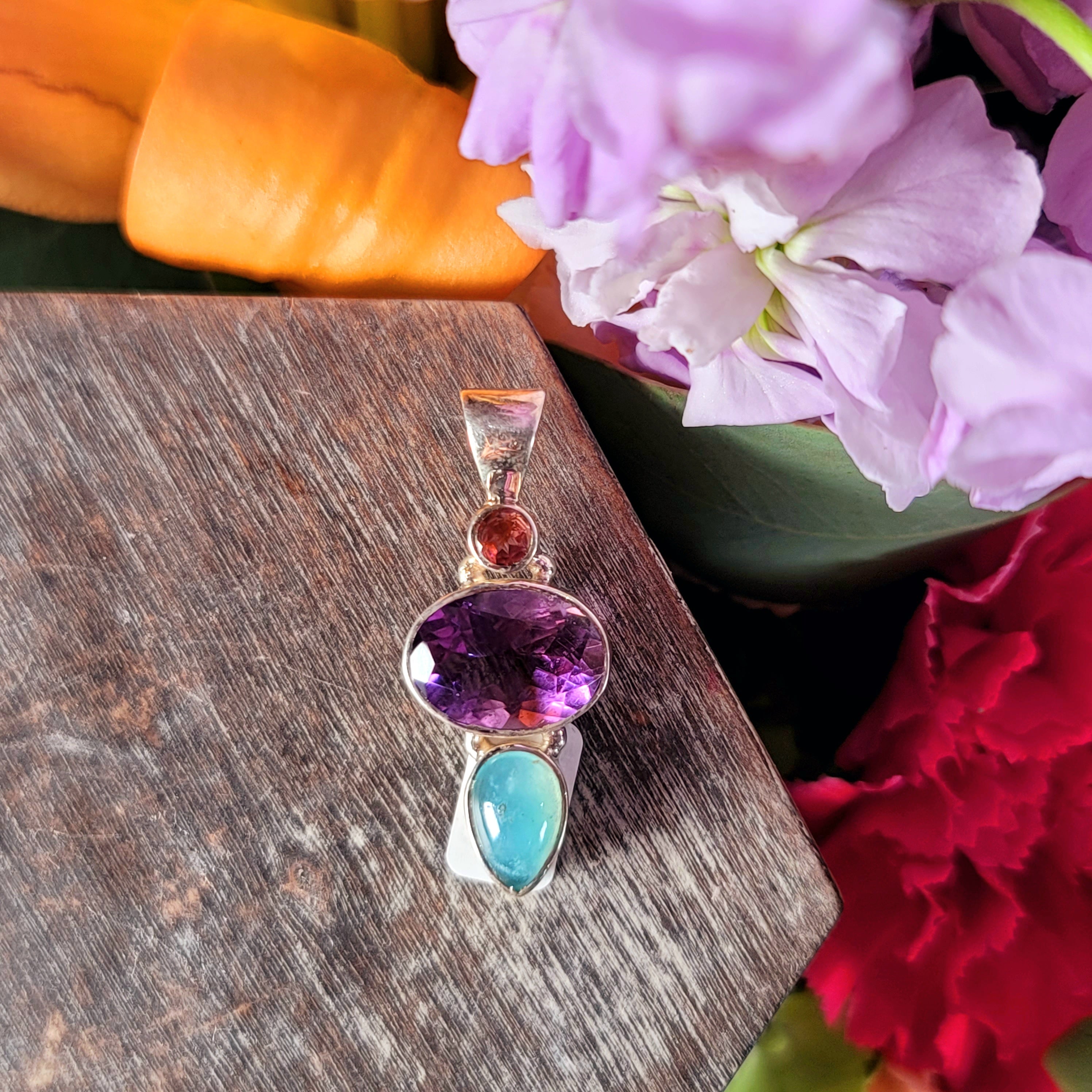 Pink Tourmaline x Amethyst x Apatite .925 Silver Pendant for Intuitive Communication