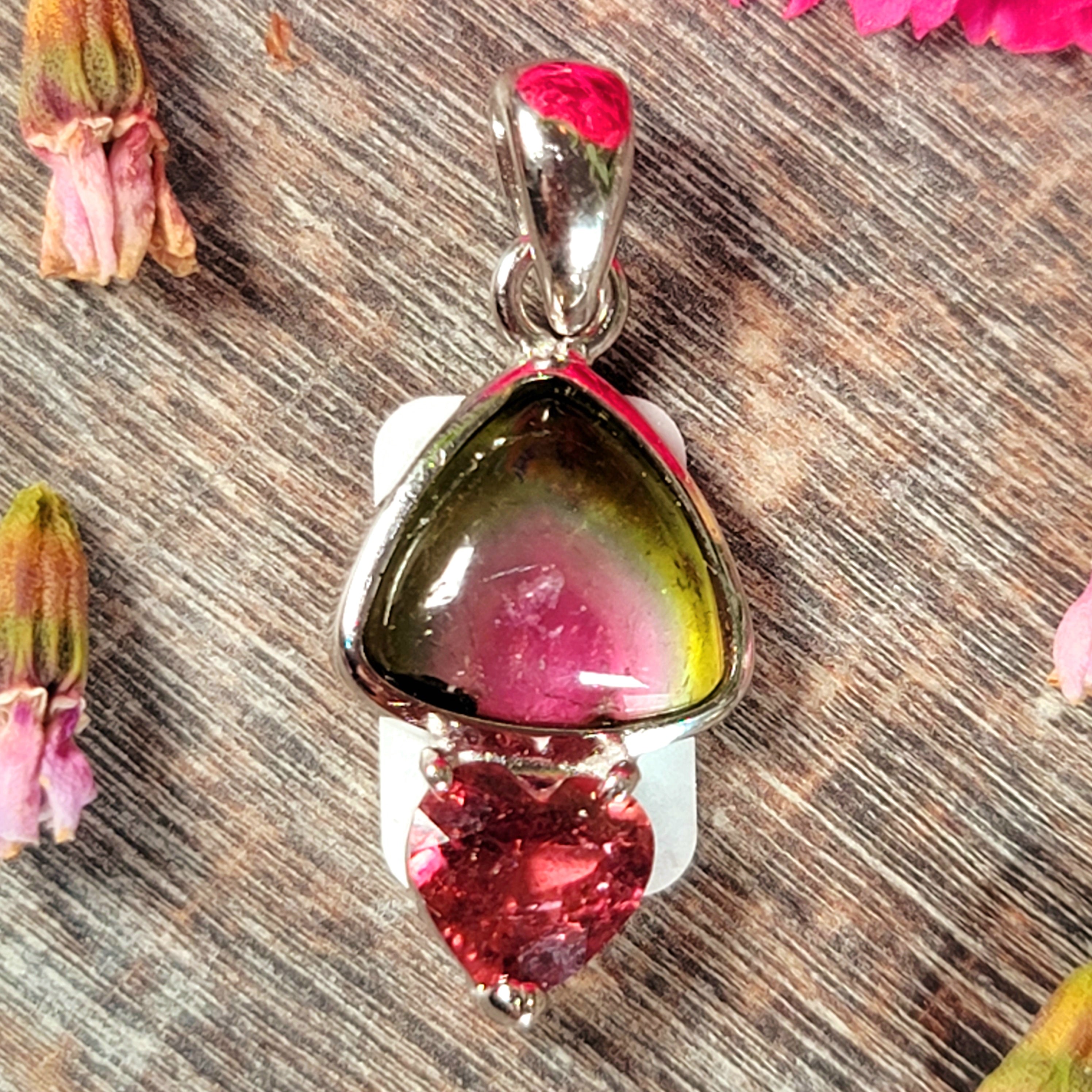 Watermelon & Pink Tourmaline Heart Pendant .925 Silver for Removing Insecurities and Helping Inspire Creativity