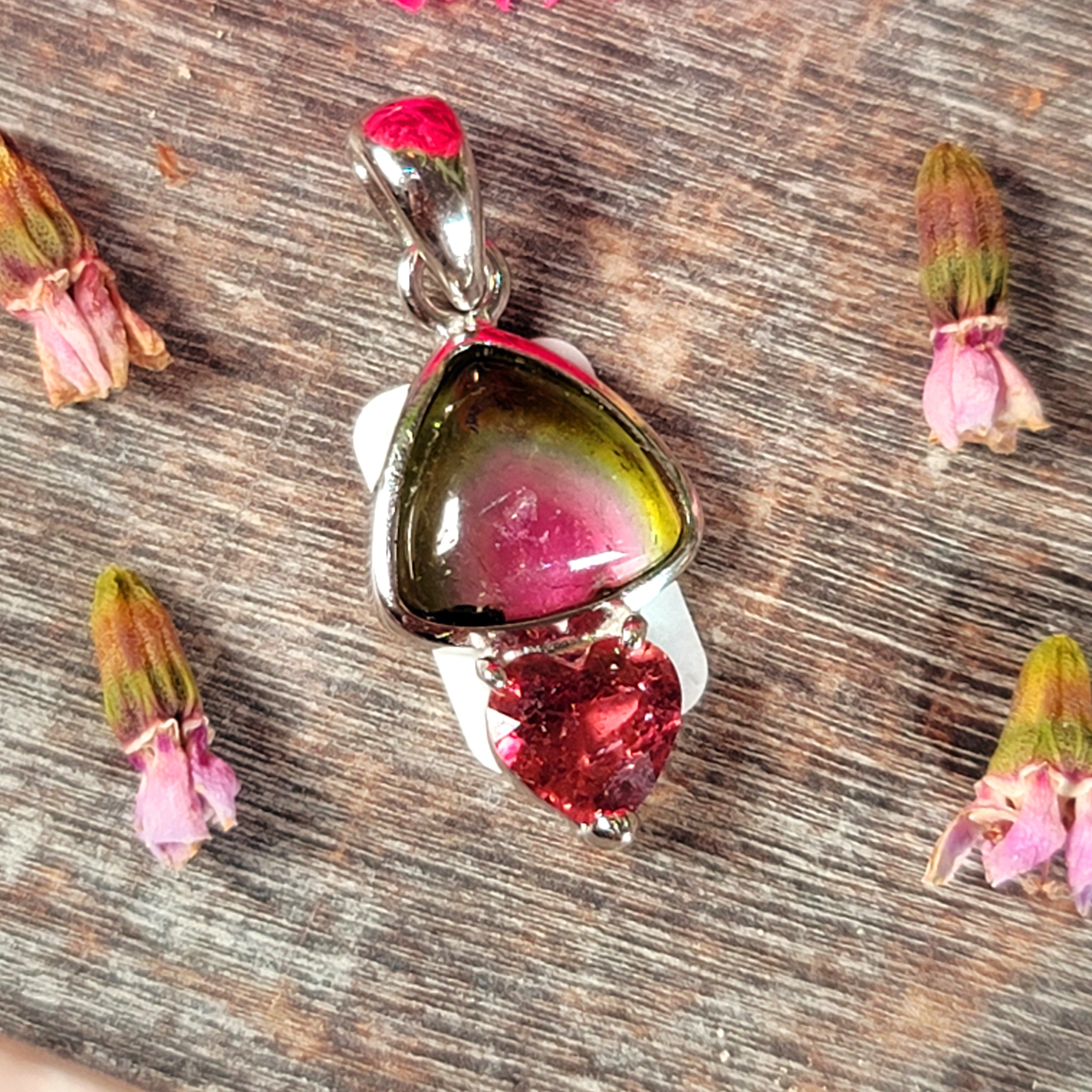 Watermelon & Pink Tourmaline Heart Pendant .925 Silver for Removing Insecurities and Helping Inspire Creativity