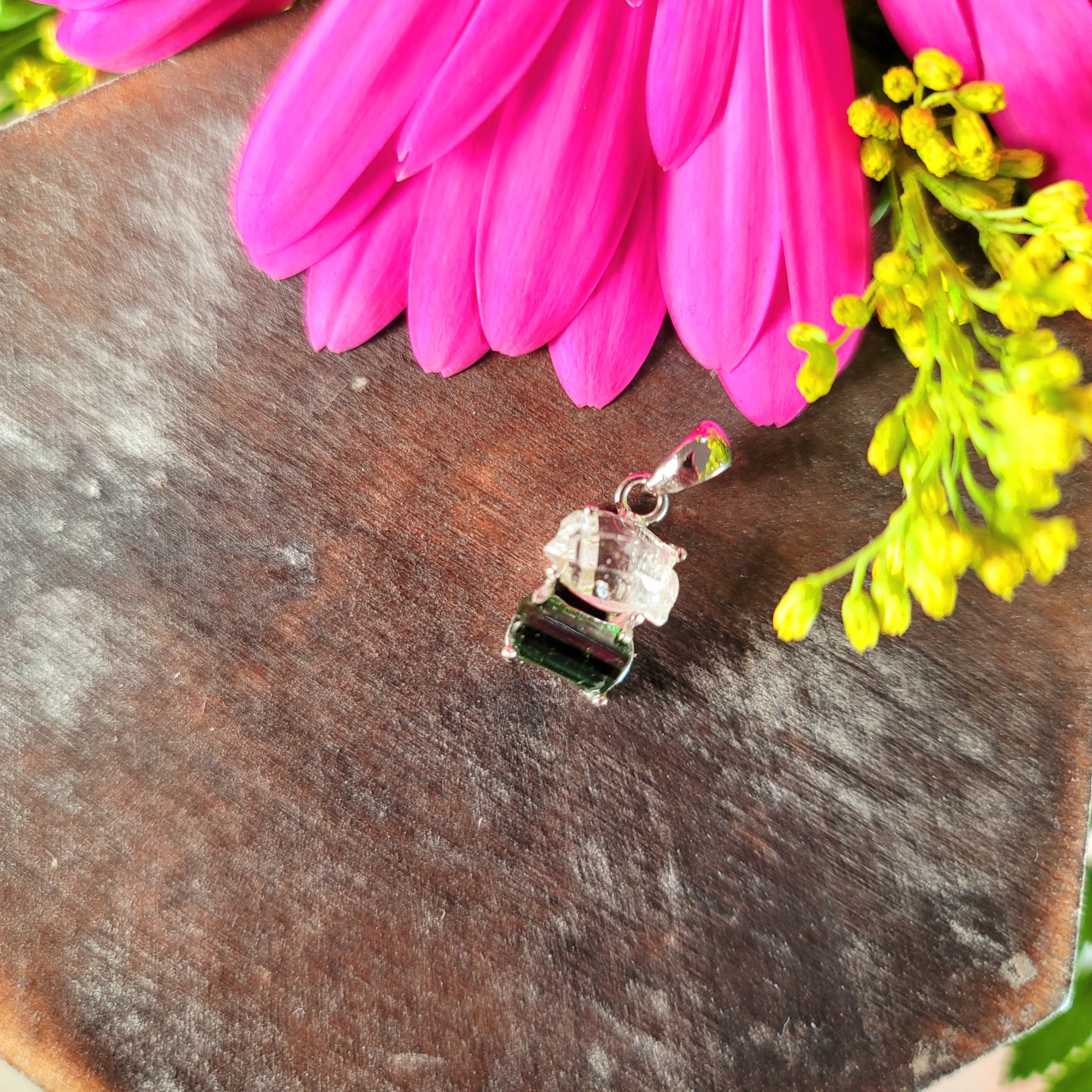 Tourmaline Raw & Herkimer Diamond Pendant .925 Silver for Inspiring Faith, Joy and Love