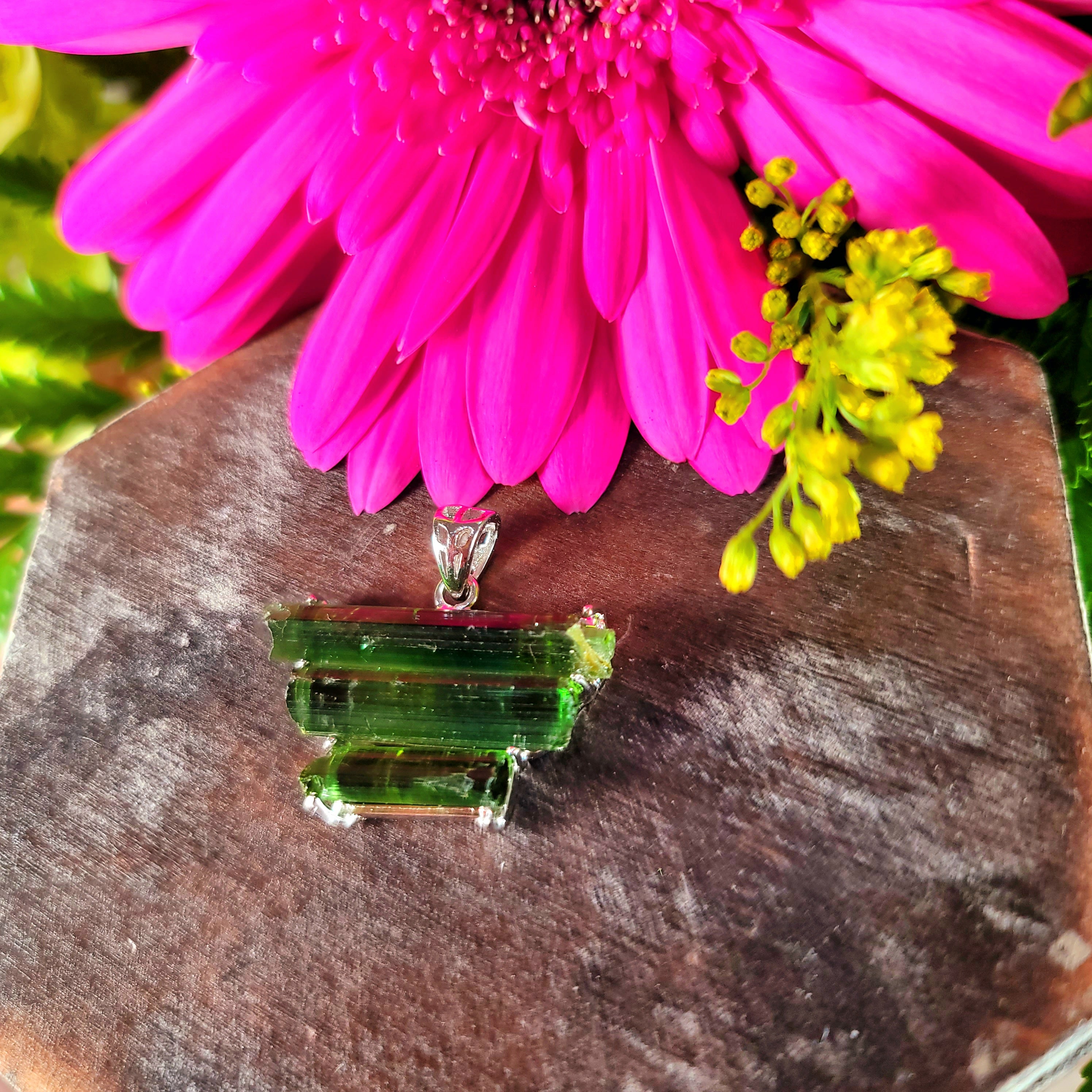 Green Tourmaline Raw Pendant .925 Silver for Removing Insecurities and Helping Inspire Creativity