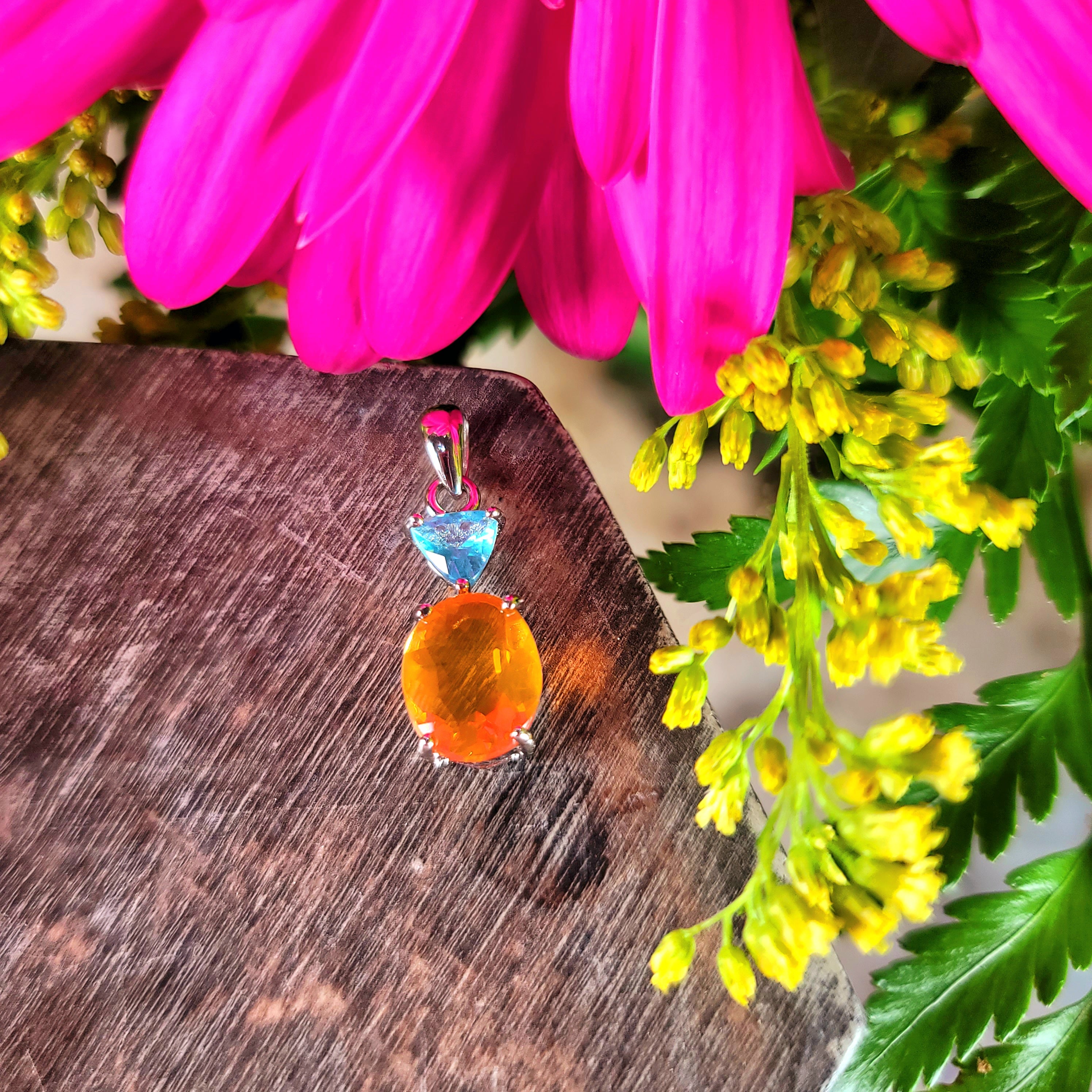 Paraiba Blue Apatite x Fire Opal Pendant .925 Silver for Intuitively Unlocking Intimacy, Passion & Pleasure