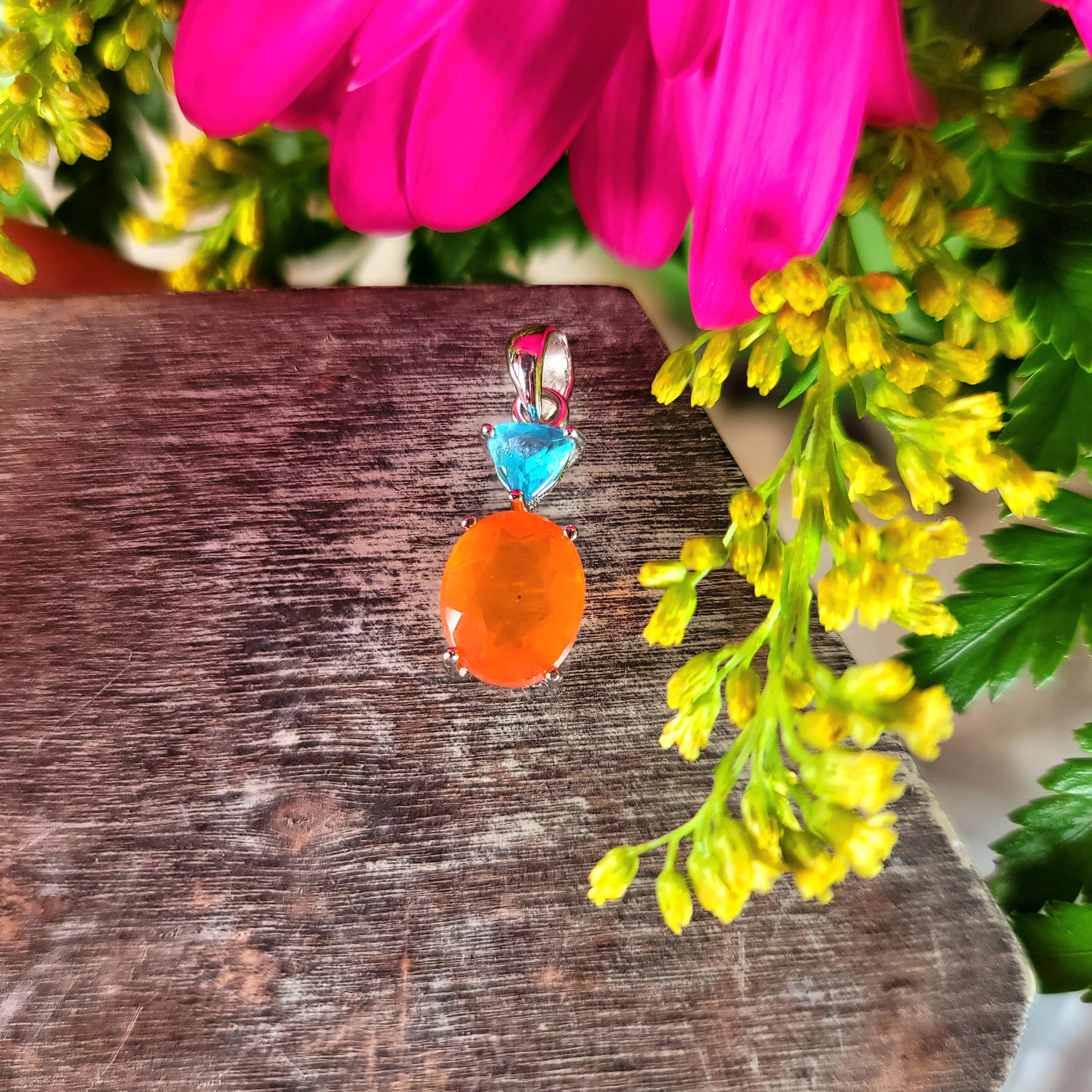 Paraiba Blue Apatite x Fire Opal Pendant .925 Silver for Intuitively Unlocking Intimacy, Passion & Pleasure