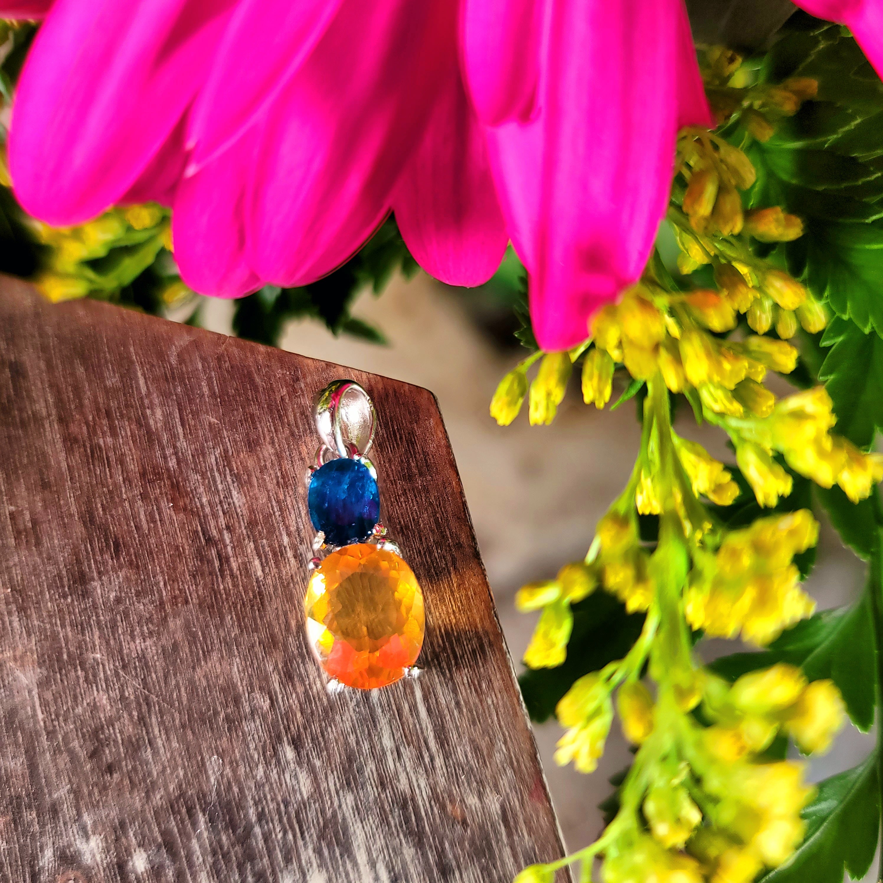 Neon Blue Apatite x Fire Opal Pendant .925 Silver for Intuitively Unlocking Intimacy, Passion & Pleasure