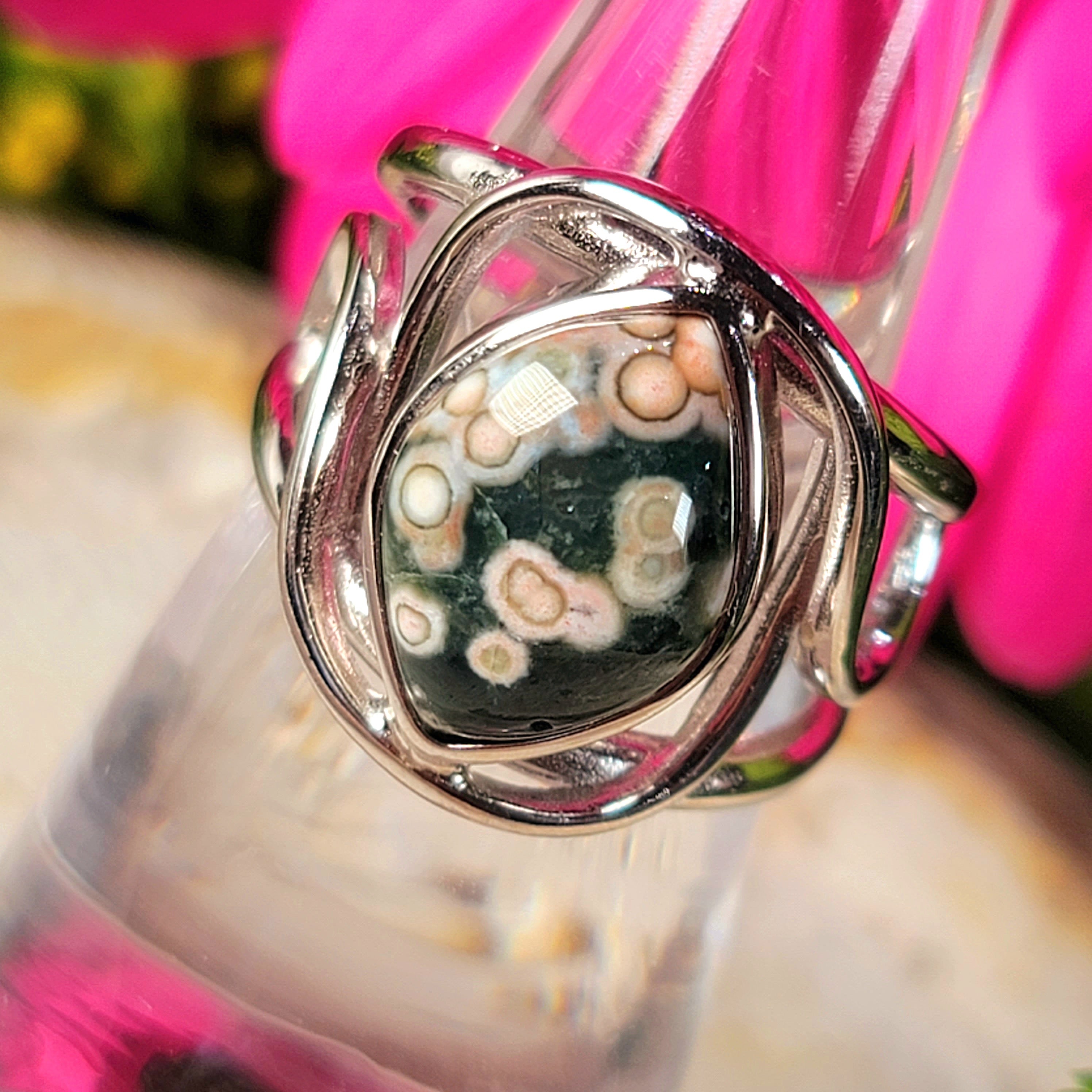 Orbicular "Ocean" Jasper Finger Cuff Adjustable Ring .925 Silver for Joy and Peace