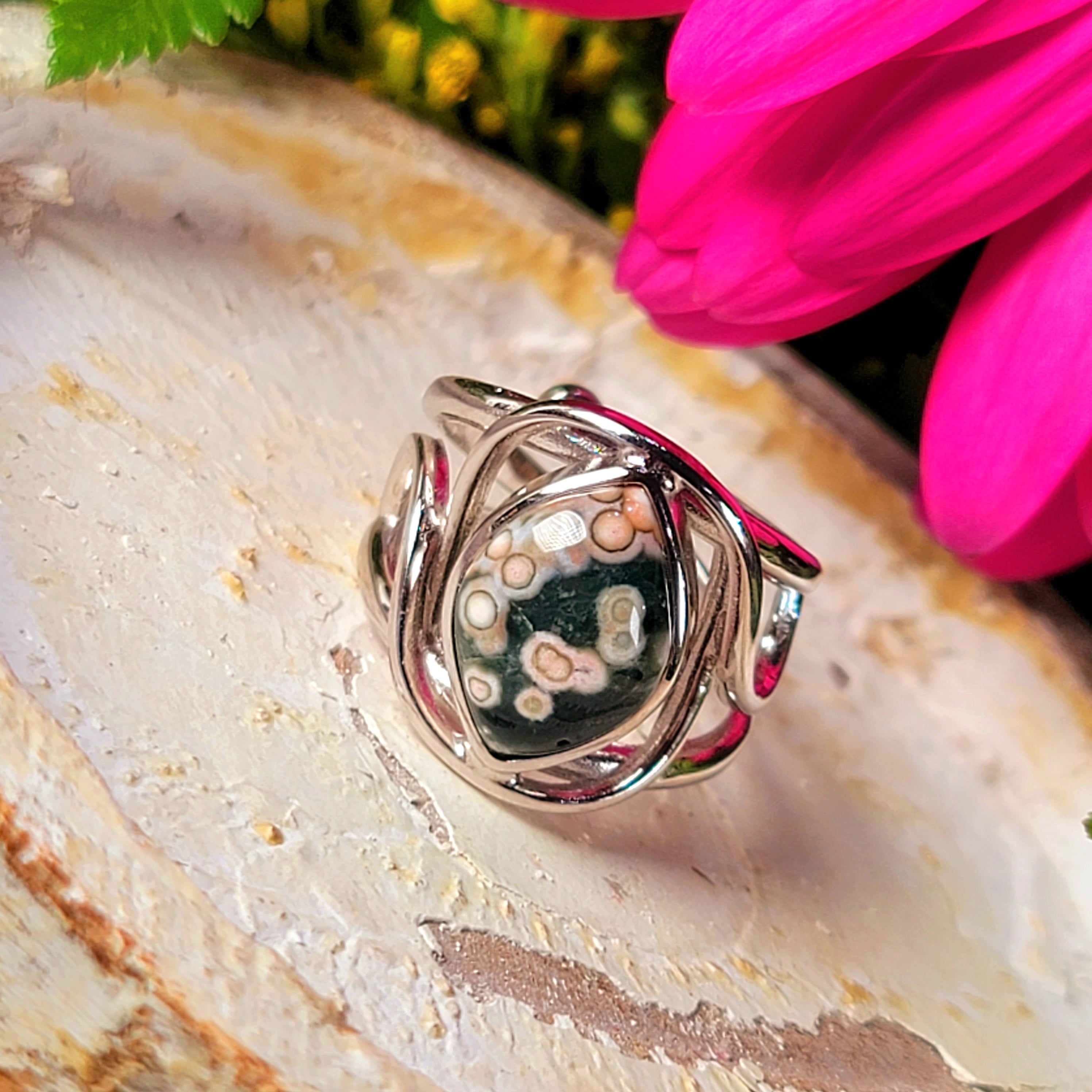 Orbicular "Ocean" Jasper Finger Cuff Adjustable Ring .925 Silver for Joy and Peace