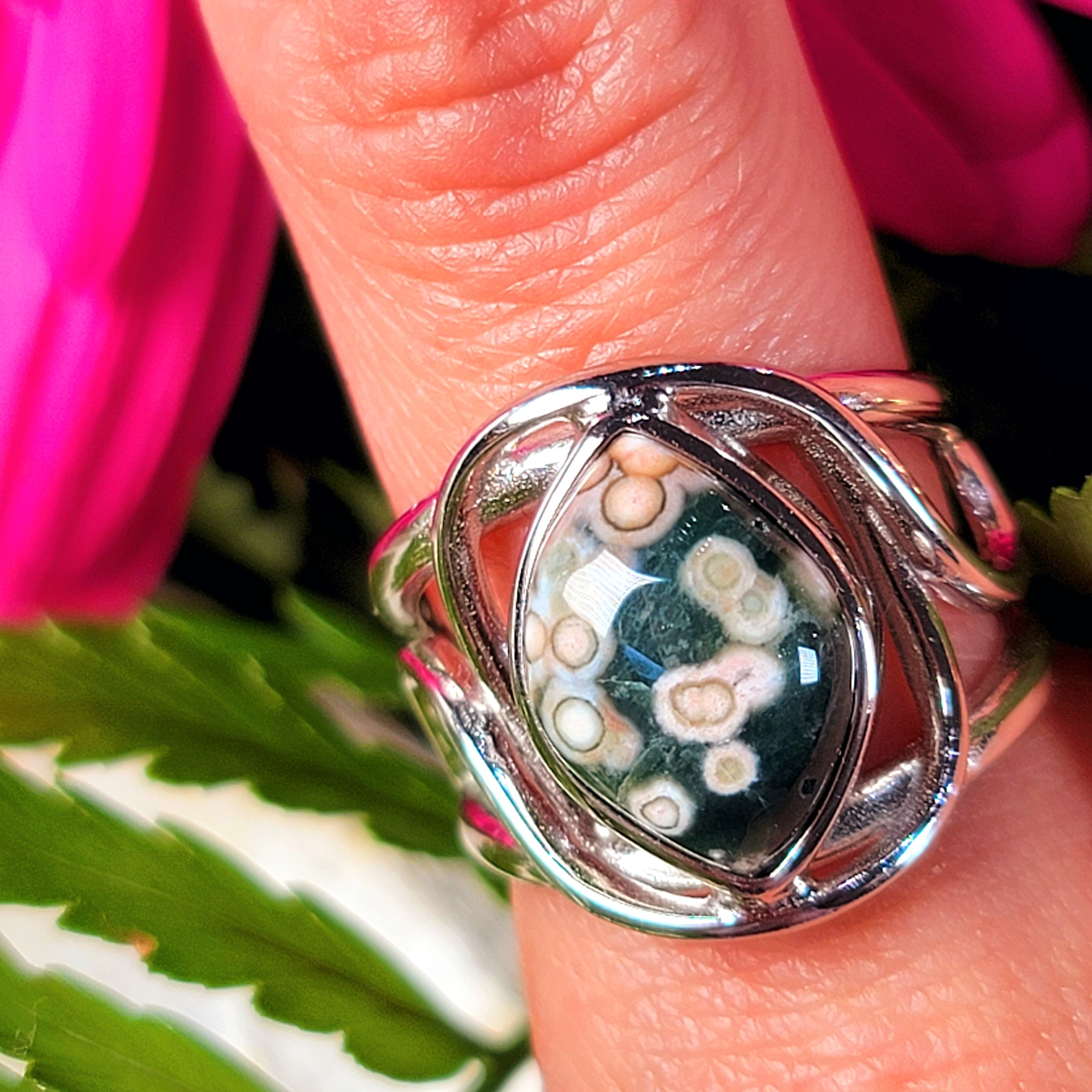 Orbicular "Ocean" Jasper Finger Cuff Adjustable Ring .925 Silver for Joy and Peace