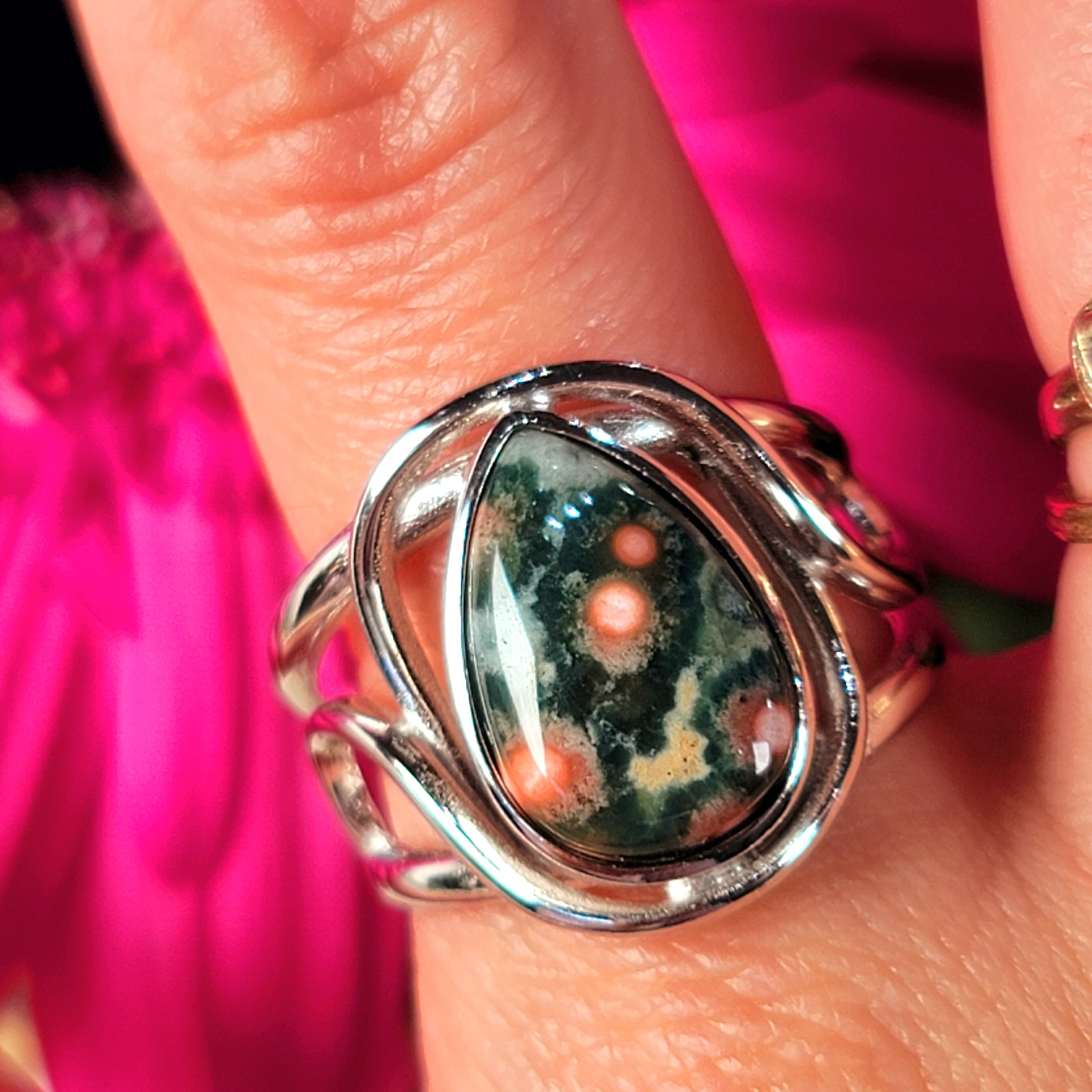 Orbicular "Ocean" Jasper Finger Cuff Adjustable Ring .925 Silver for Joy and Peace